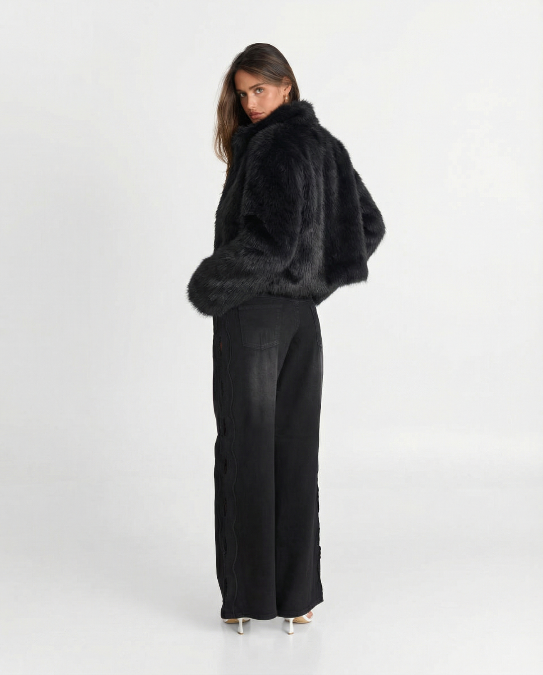 Thea | Cropped Faux Fur Coat Black Fluffy