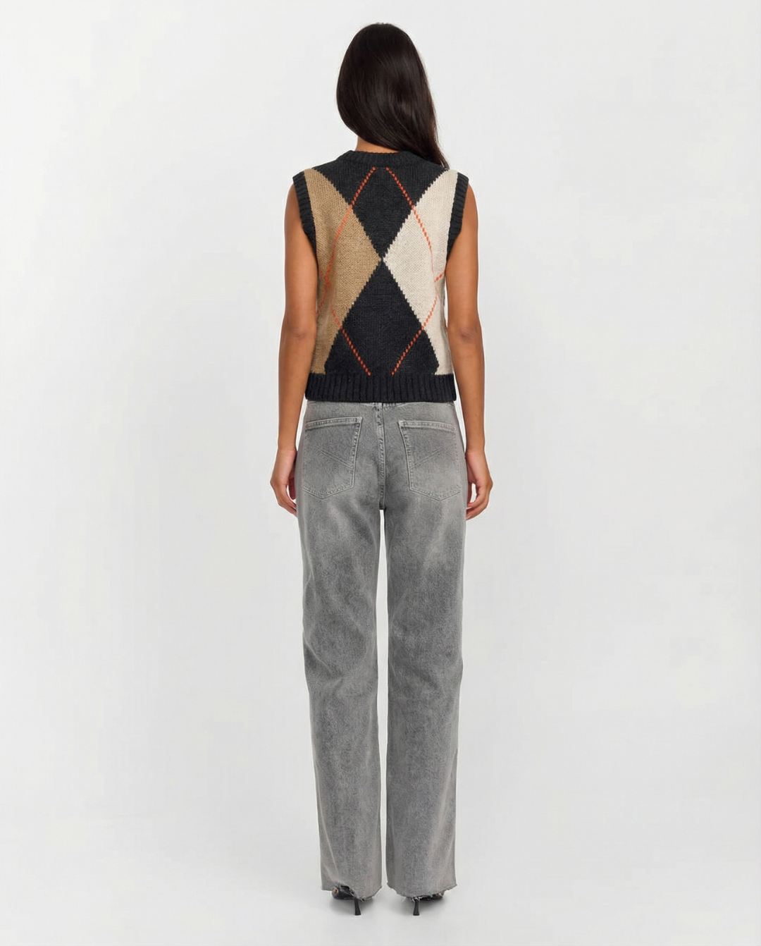 Camille | Argyle Knitted Vest Top Black Cream Beige Sleeveless