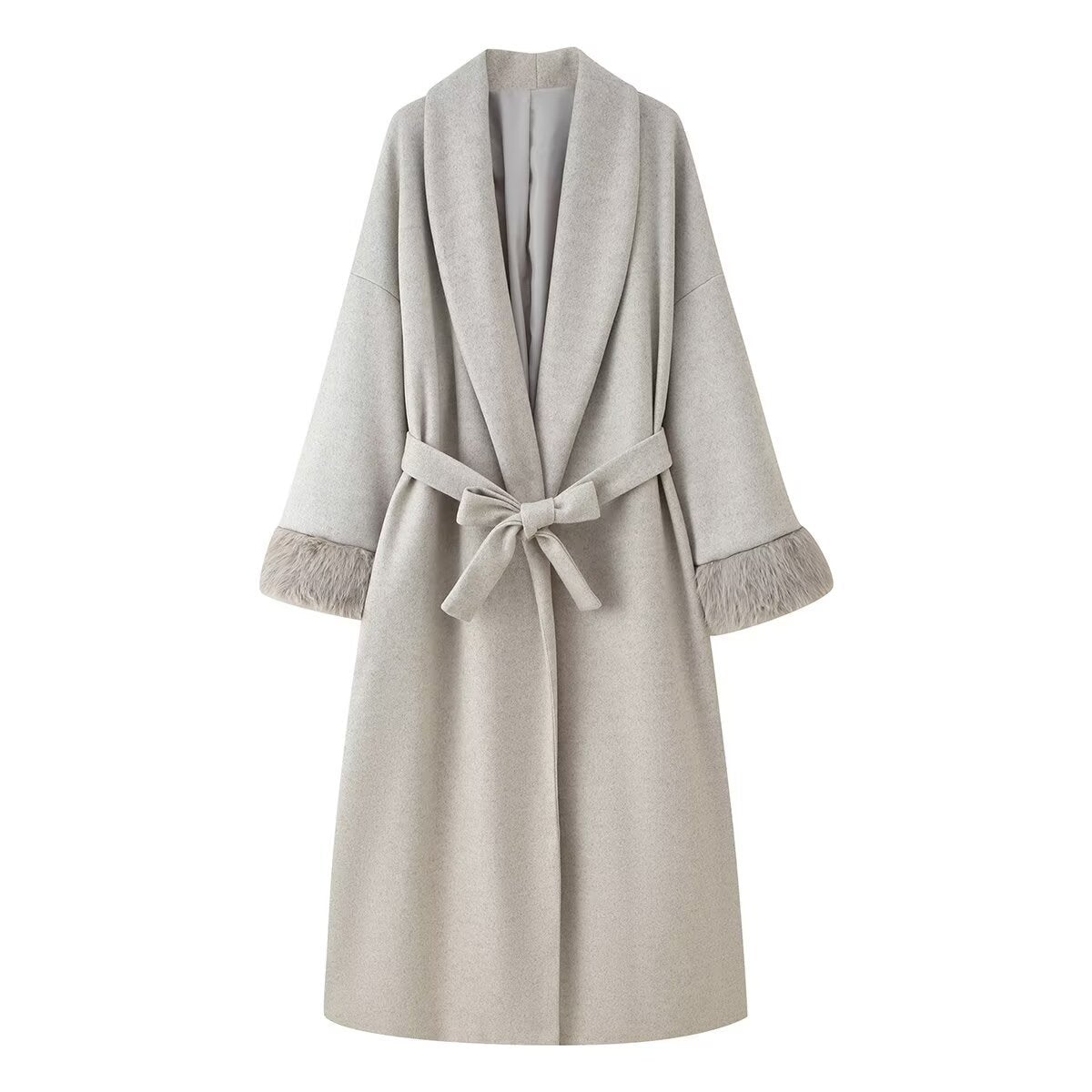 Vera | Belted Wool Long Coat Cream Faux Fur Cuff