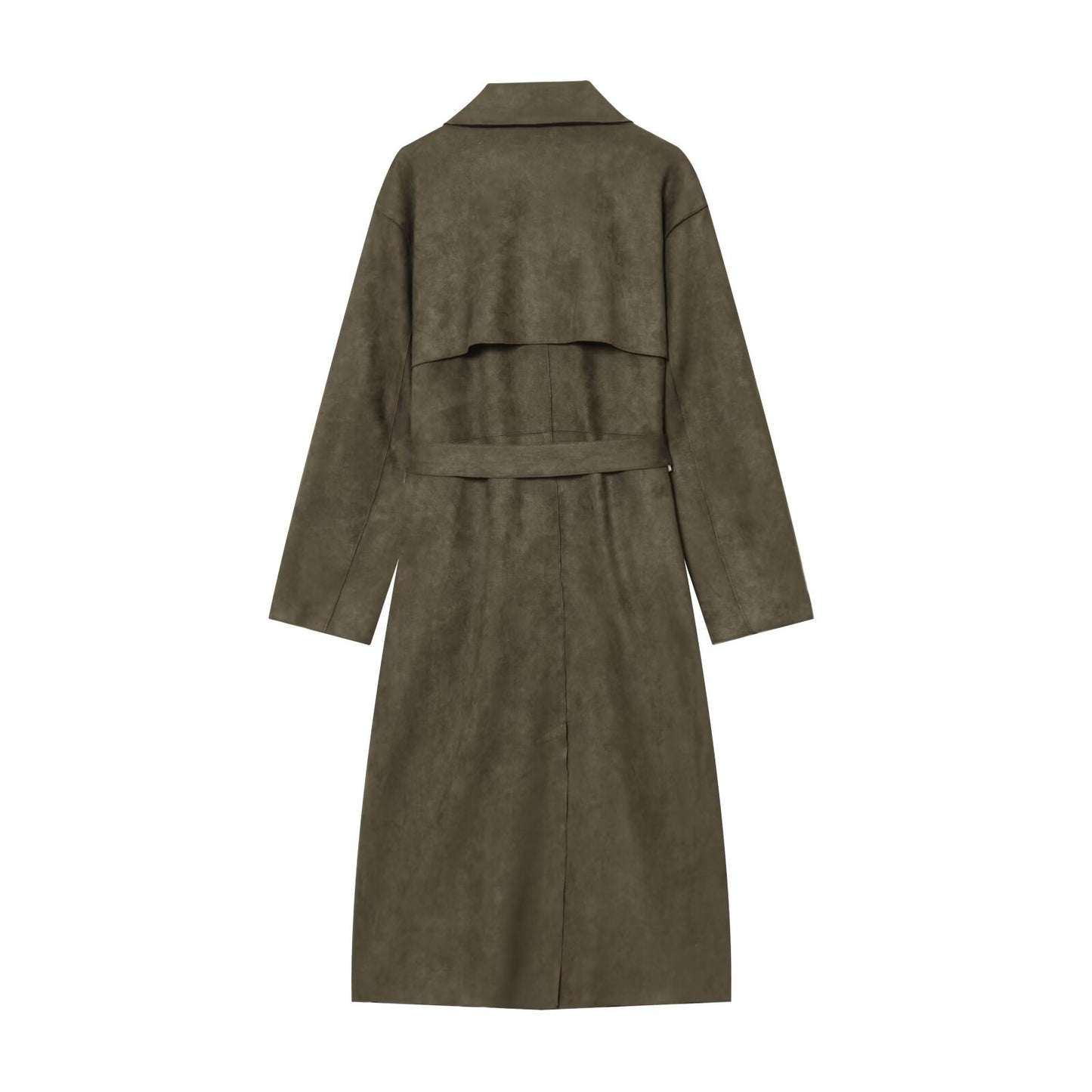 Margot | Suede Longline Trench Coat Olive Double Breasted