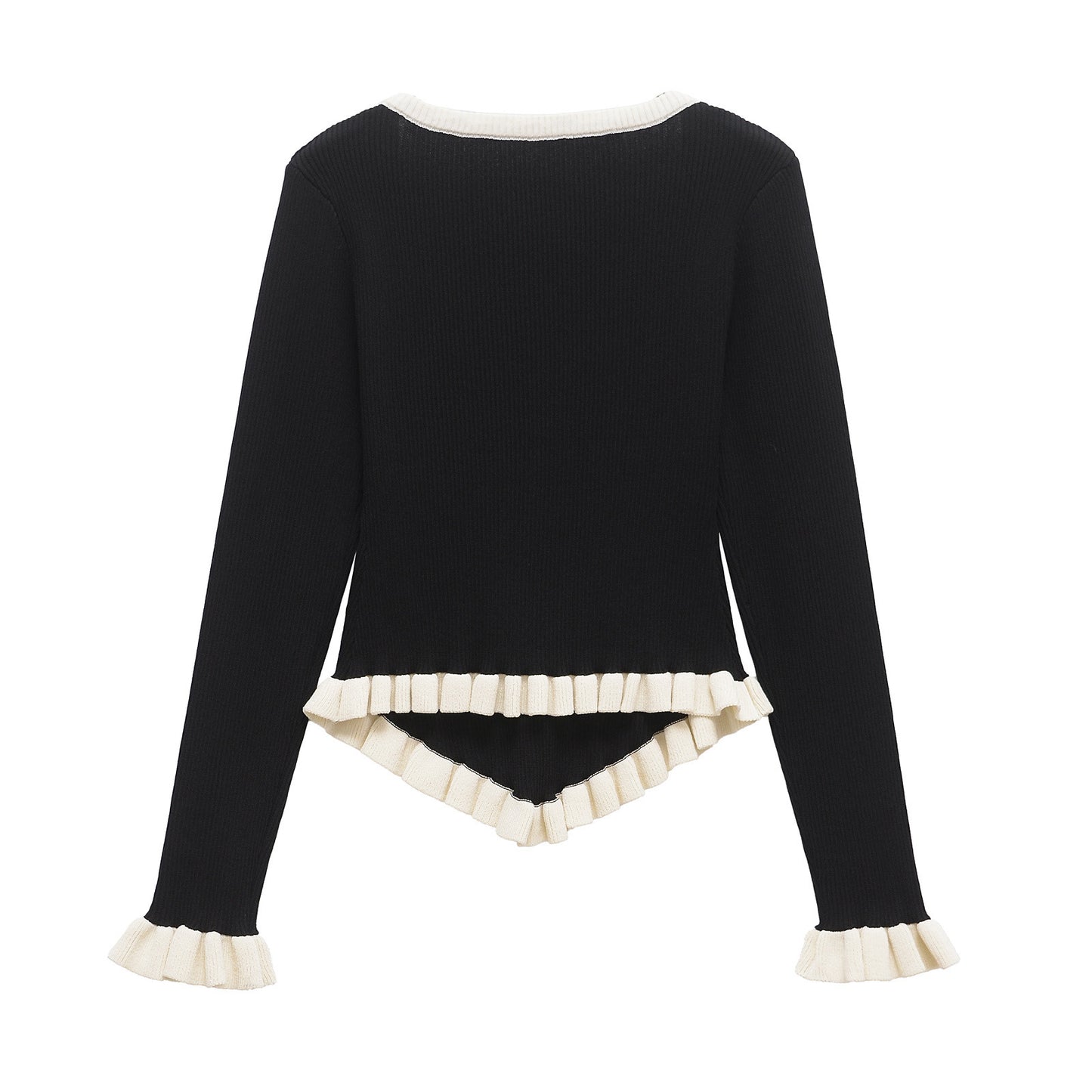Romy | Elegant V Neck Blouse Black Long Sleeve Ruffle Trim Fitted