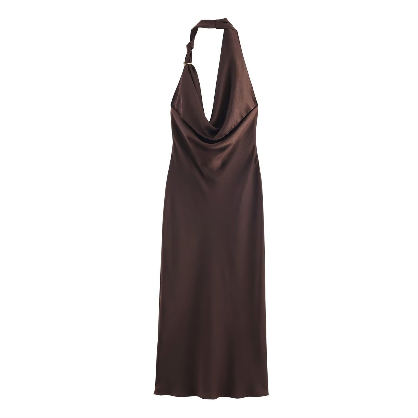 Erin | Elegant Satin Halter Neck Dress Brown