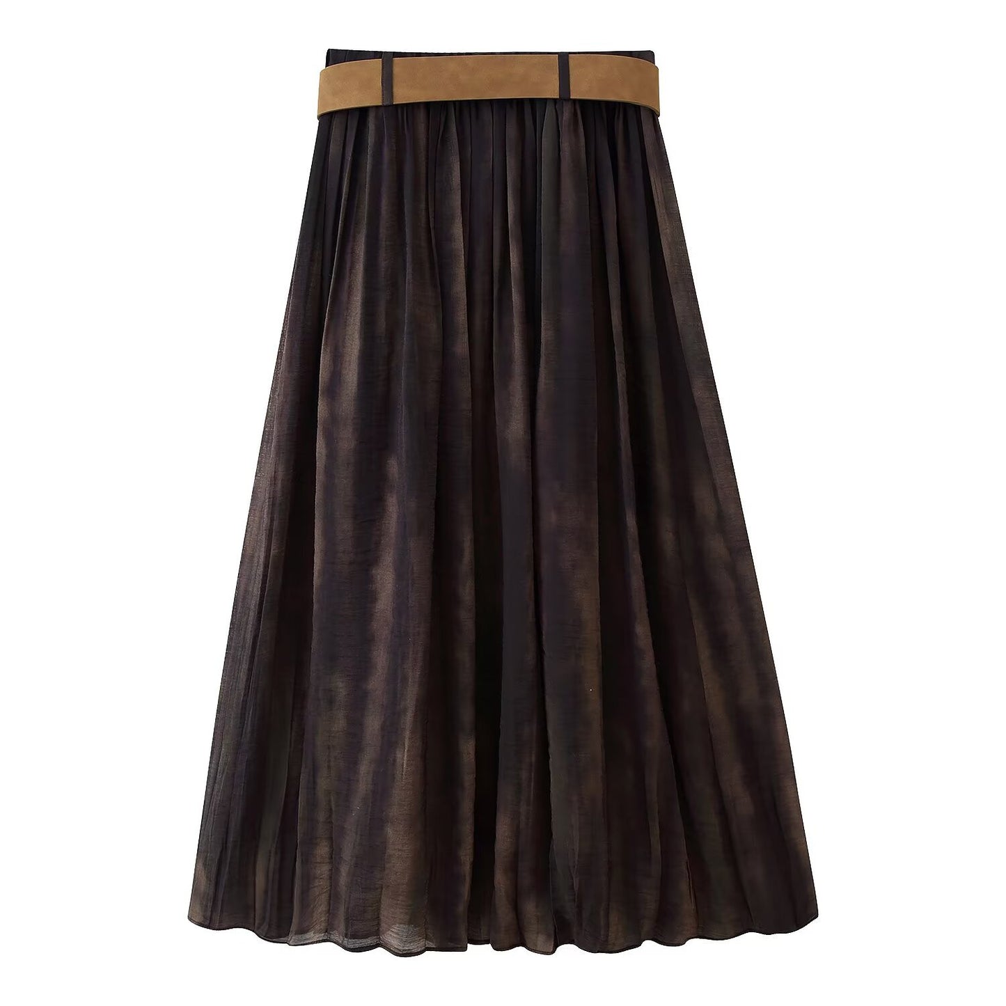 Tess | Pleated Midi Skirt Brown Belted A Line