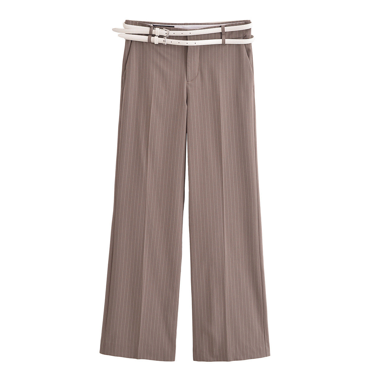 Brown pleated pants with a belt on a white background