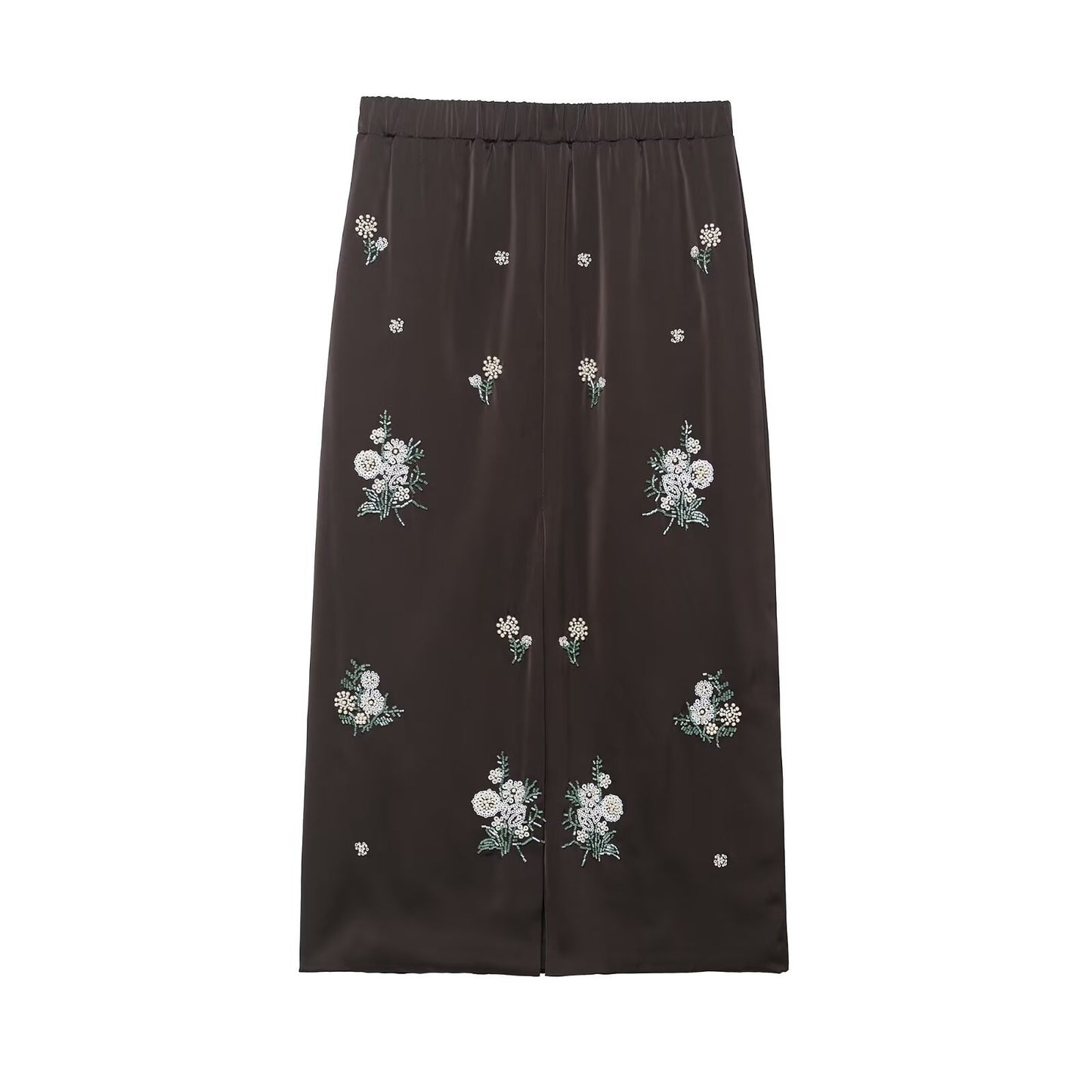 Flora | Elegant Satin Midi Skirt Brown Embellished Floral