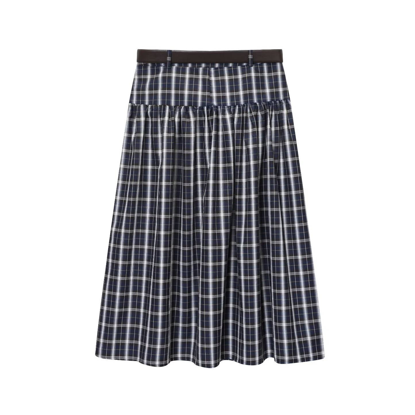 Willa | Midi Skirt Navy Check Pleated Belted Tiered A Line