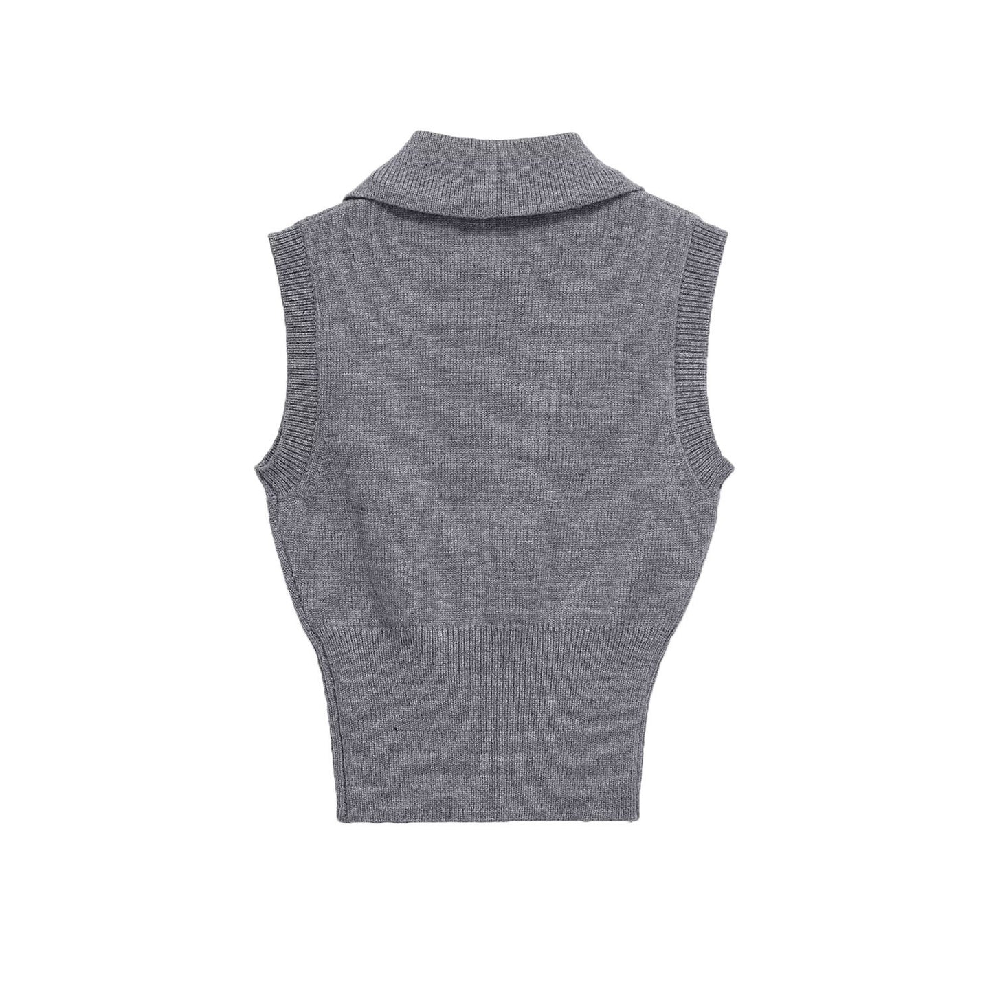 Alma | Knitted Top Grey Sleeveless Collared Crop