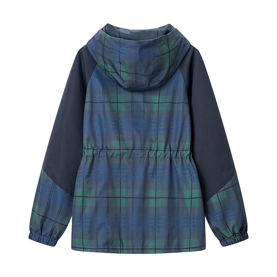 Ivy | Casual Plaid Hooded Jacket Navy Green Drawstring