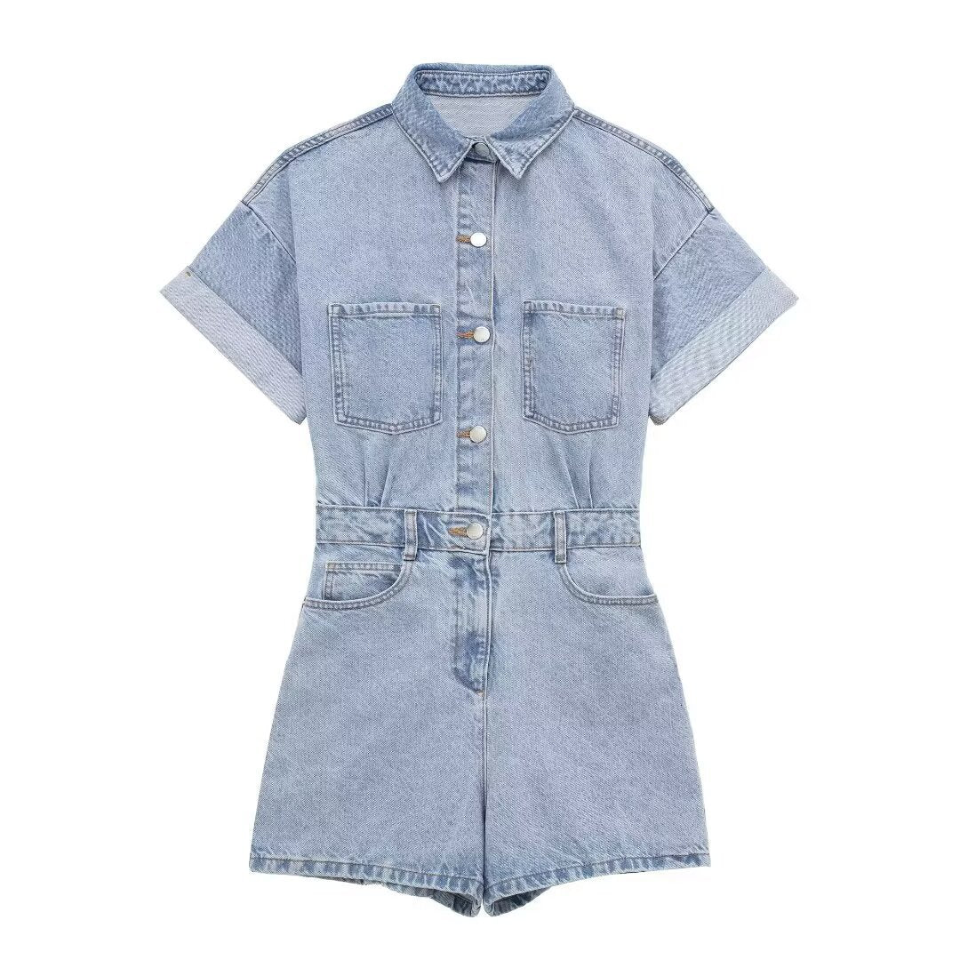 Thea | Denim Jumpsuit Cream Short Sleeve Button Up