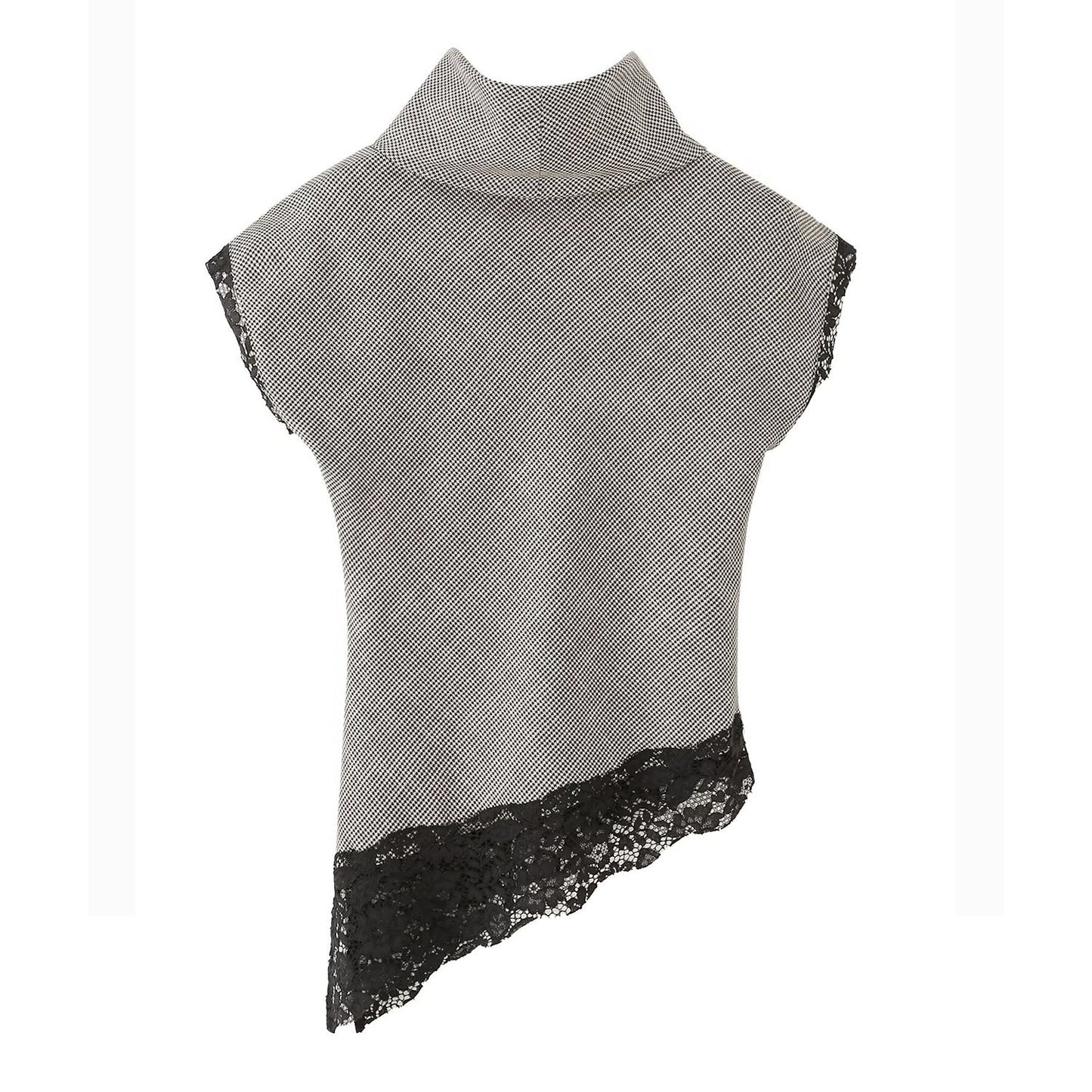 Piper | Asymmetric Cowl Neck Top Grey Sleeveless Lace Trim Fitted