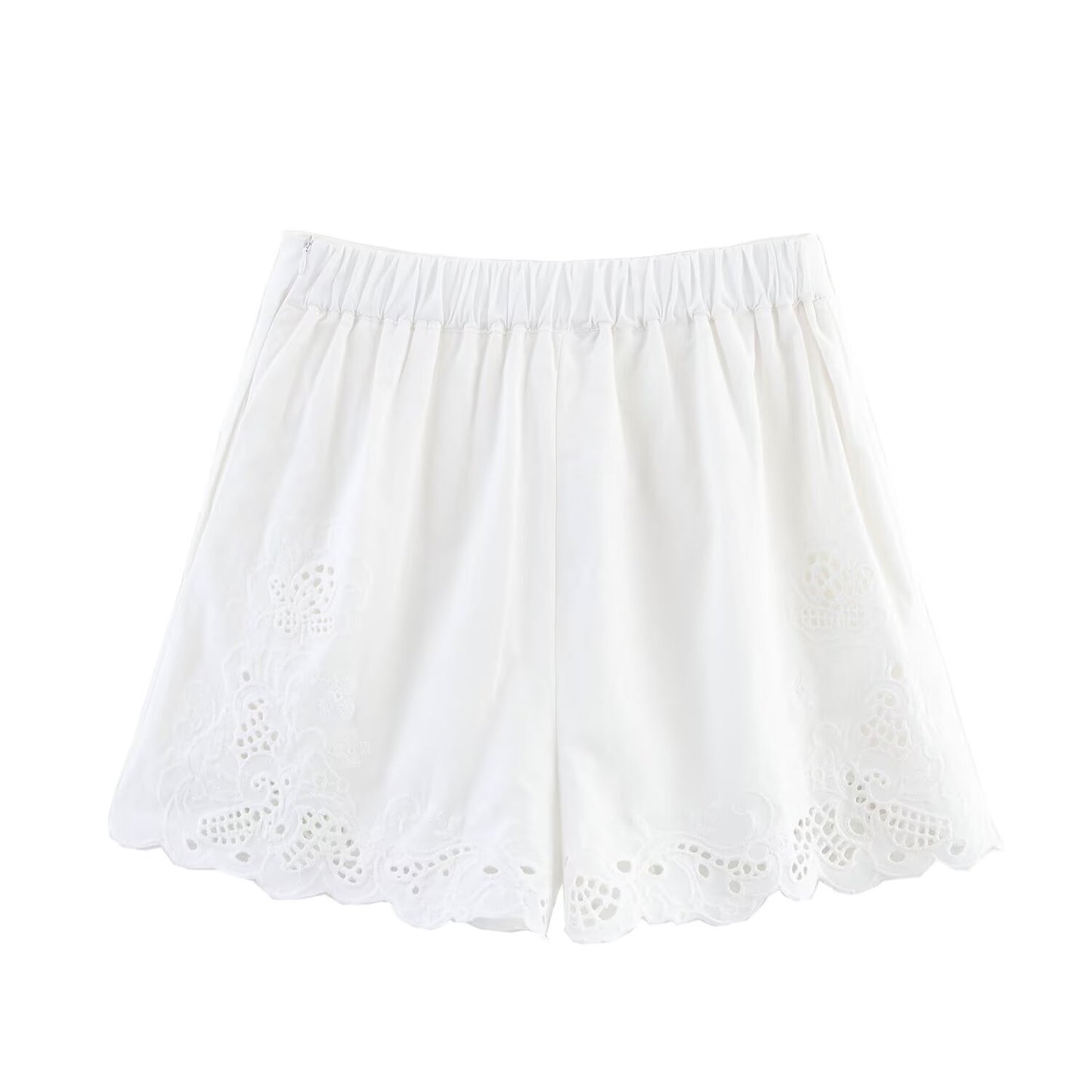 Flora | White Shorts High Waisted Embroidered Scalloped Linen Summer