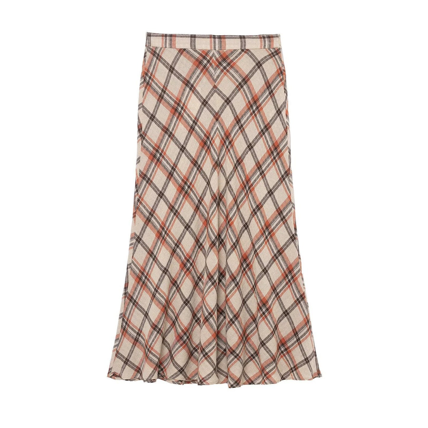 Faye | Plaid A Line Midi Skirt Beige Flared