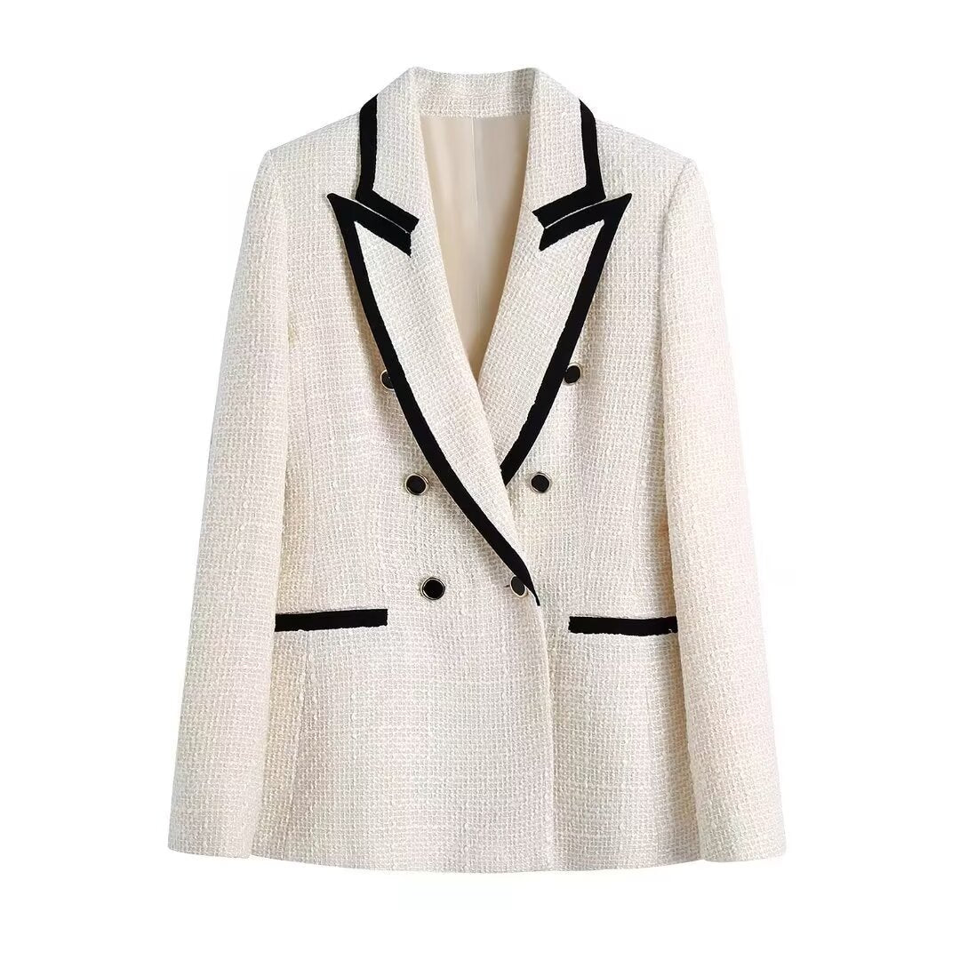 Margot | Double Breasted Tweed Blazer Cream Black Trim