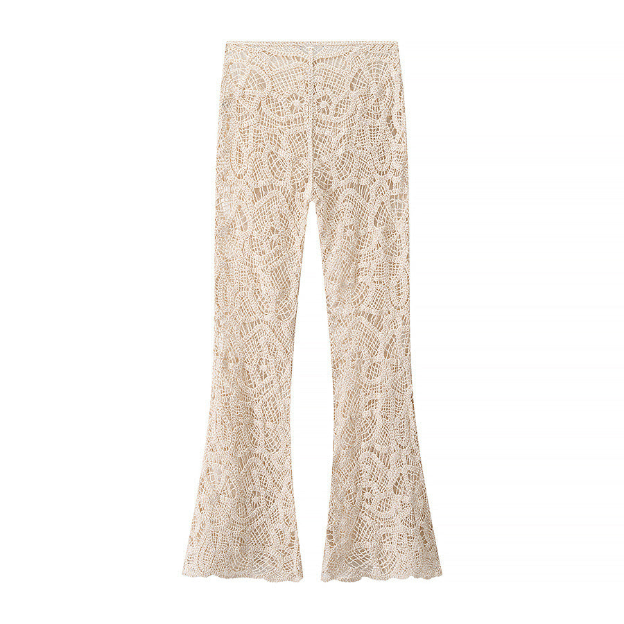 Uma | Casual Flared Crochet Trousers Cream