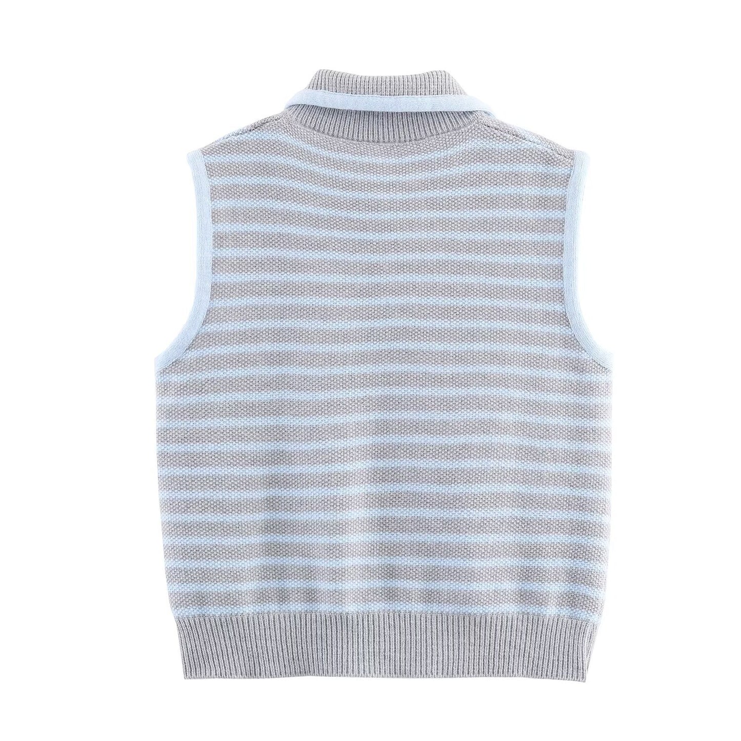 Vera | Striped Knit Sweater Vest Light Blue Collared Button Front