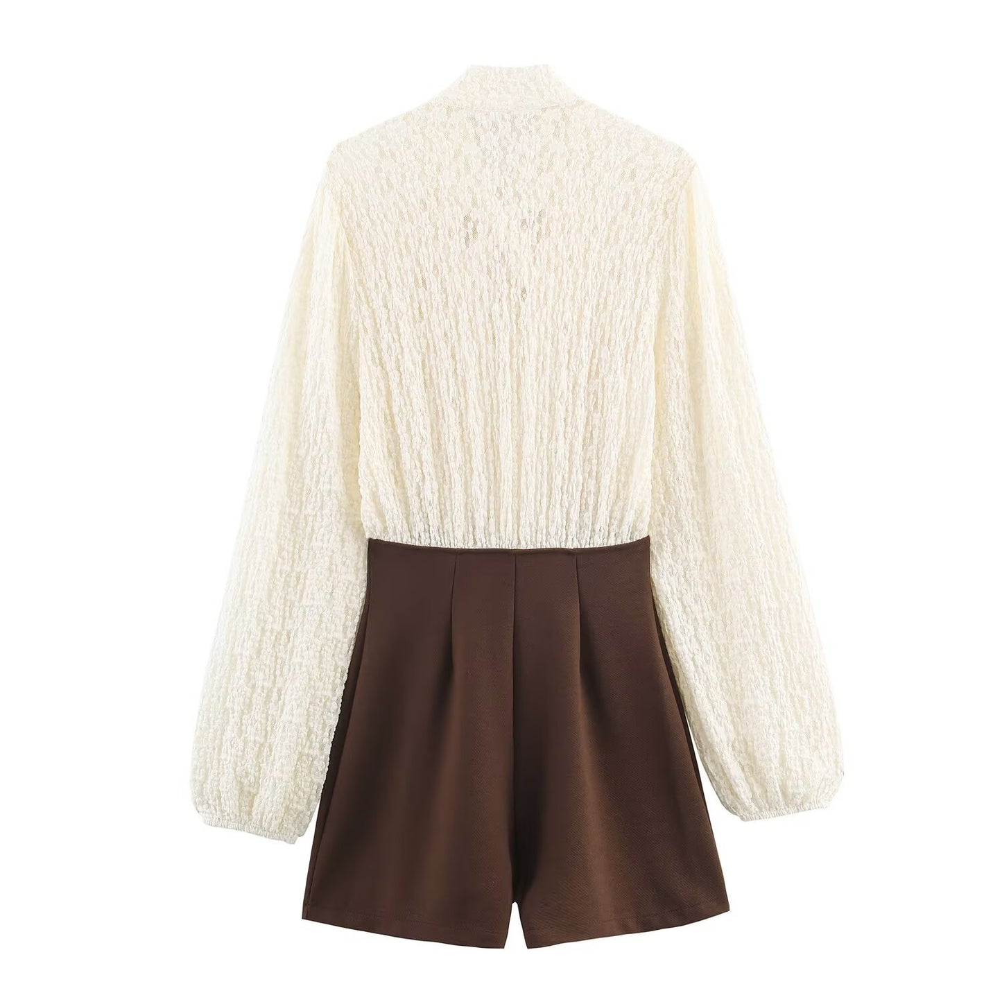 Lena | Elegant Tie Neck Cream Shorts Set Brown Pleated