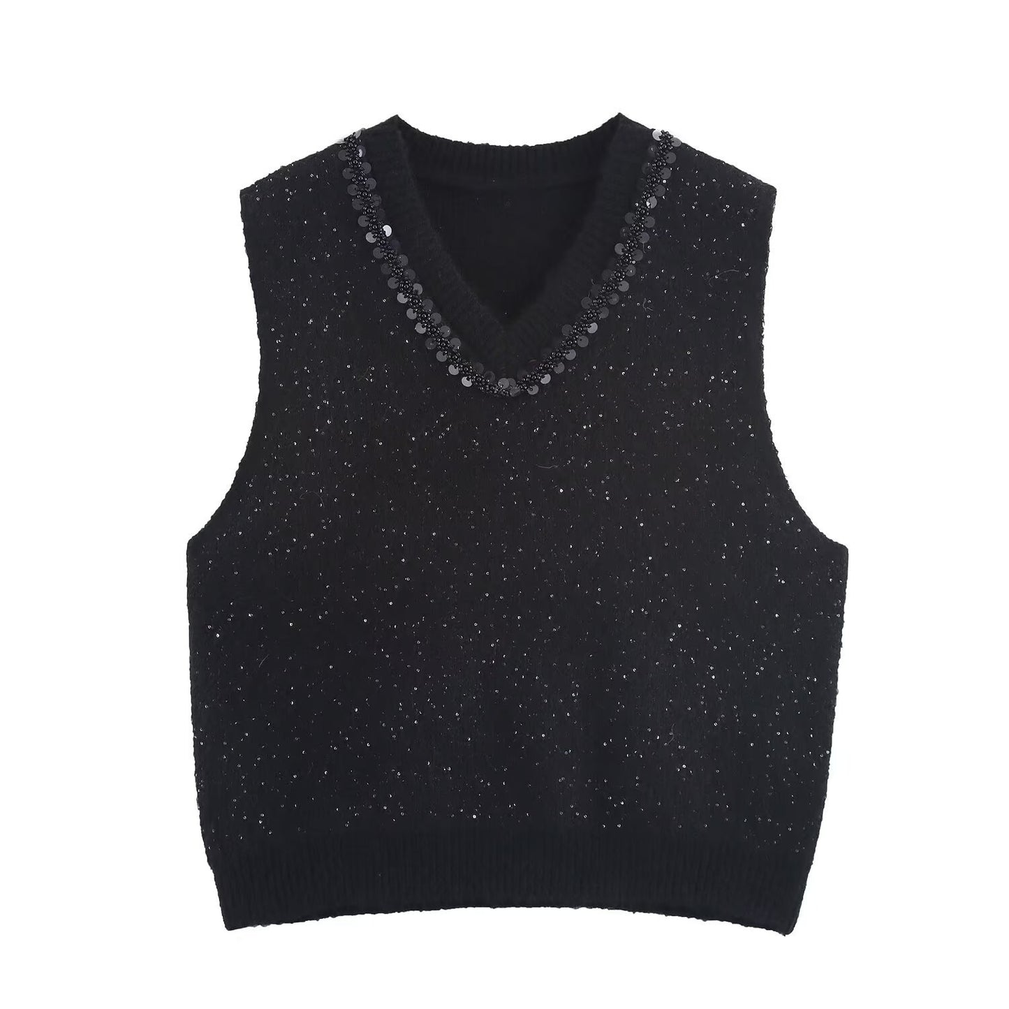 Vera | Cropped Sweater Vest Gray V Neck Rhinestone