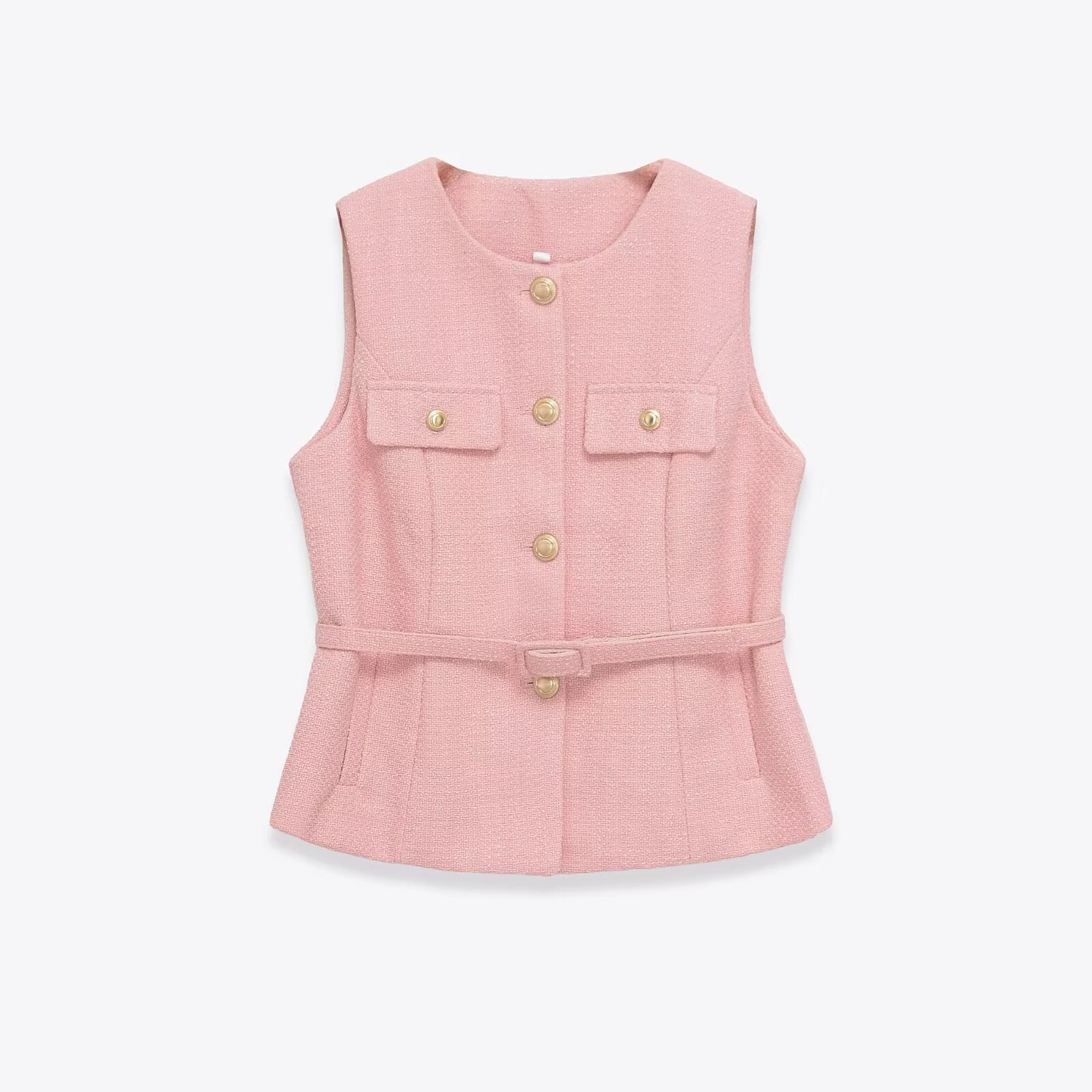 Gemma | Elegant Sleeveless Blazer Black Tweed Belted Gold Button