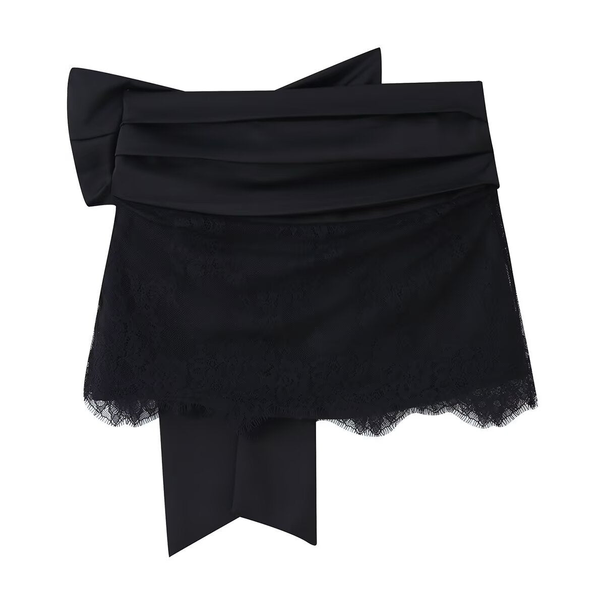 Lux | Black Lace Mini Skirt Wrap Satin Bow Tie