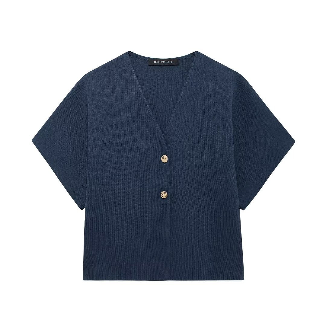 Margot | Cropped Button Up Blouse Black Short Sleeve V Neck