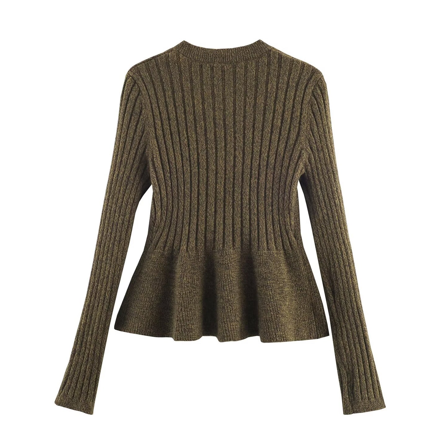 Arden | Knitted Cardigan Khaki Long Sleeve Peplum Ribbed Button Front