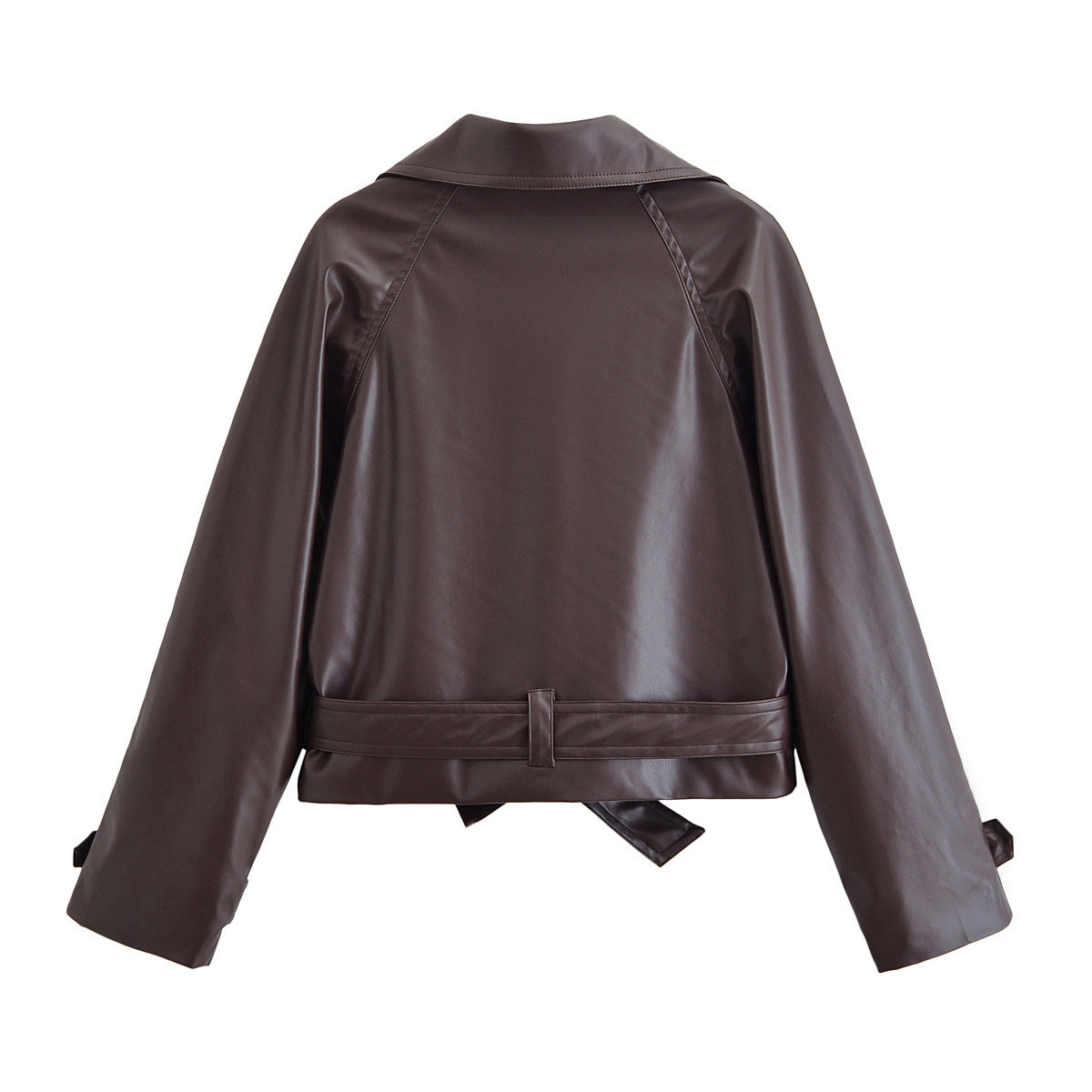 Vera | Cropped Faux Leather Jacket Brown Double Breasted Belted