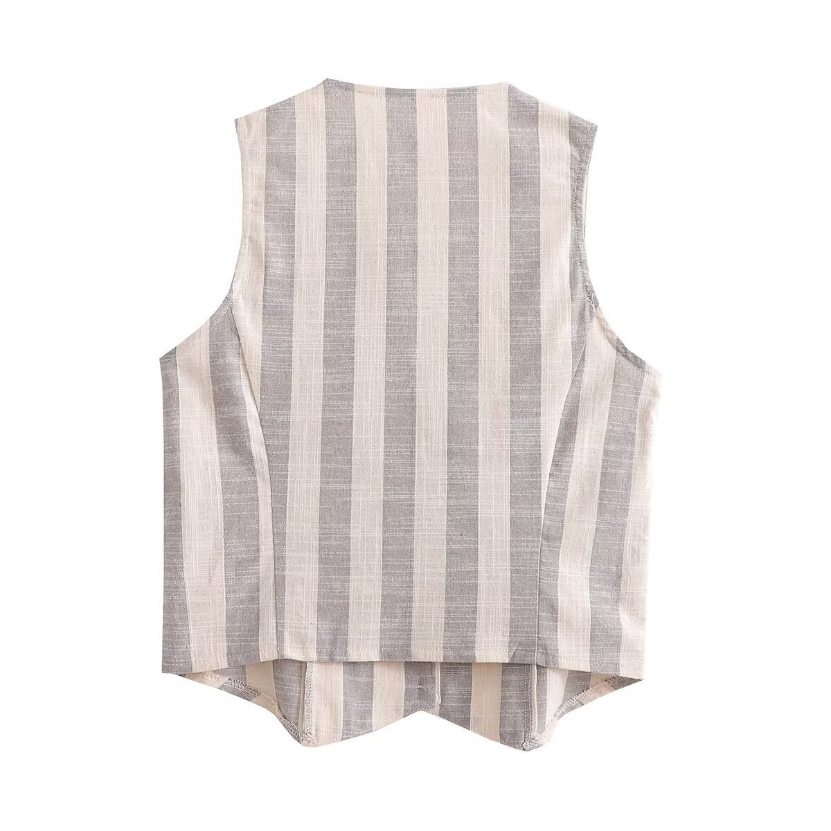 Leah | Striped Linen Vest Cream Button Front V Neck Sleeveless