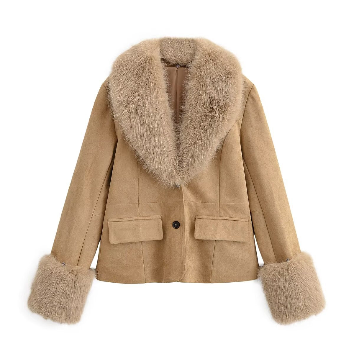 Margot | Camel Suede Blazer Faux Fur Collar Cuff