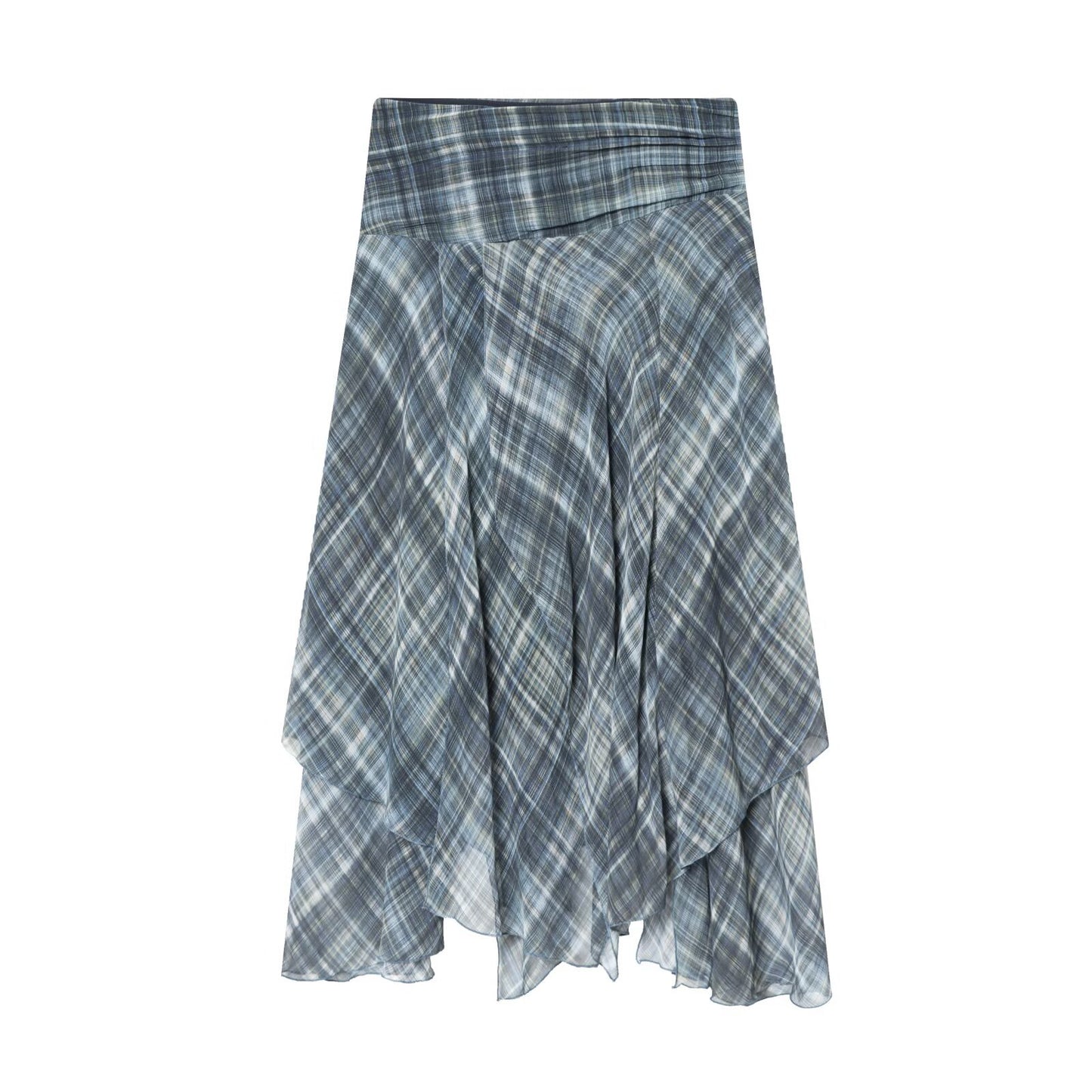 Briar | Summer Pleated Midi Skirt Light Blue Checked Tiered Asymmetric