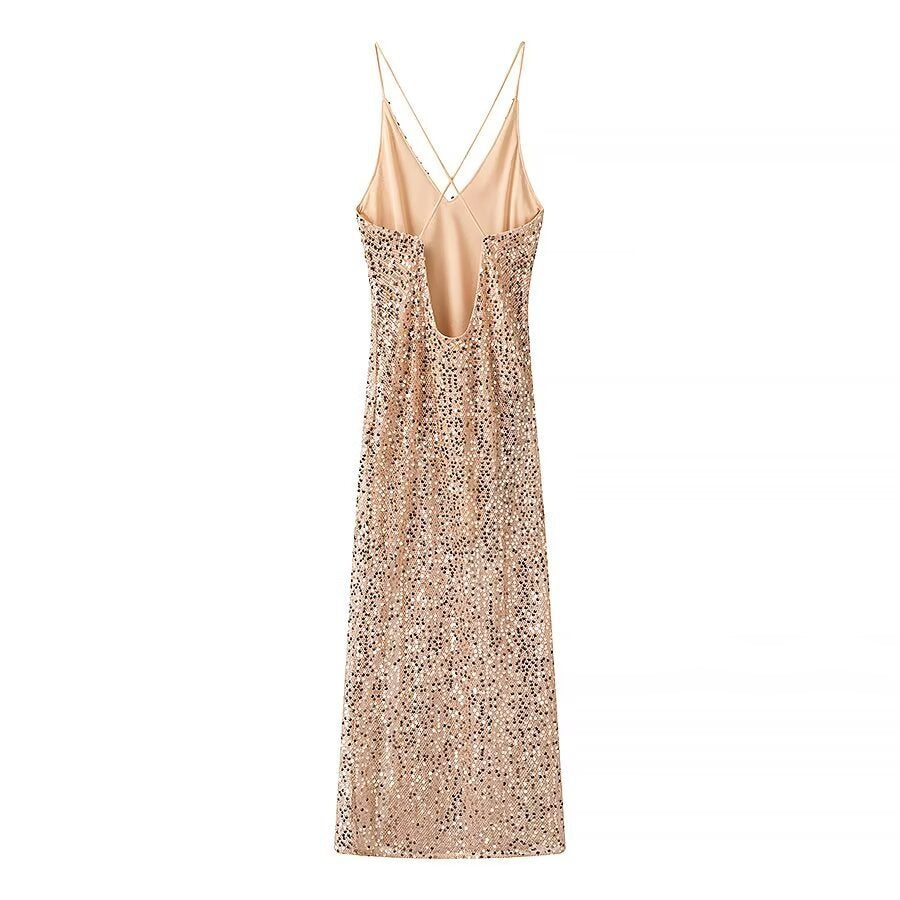 Iris | Sequin Maxi Dress Champagne Halter Slit