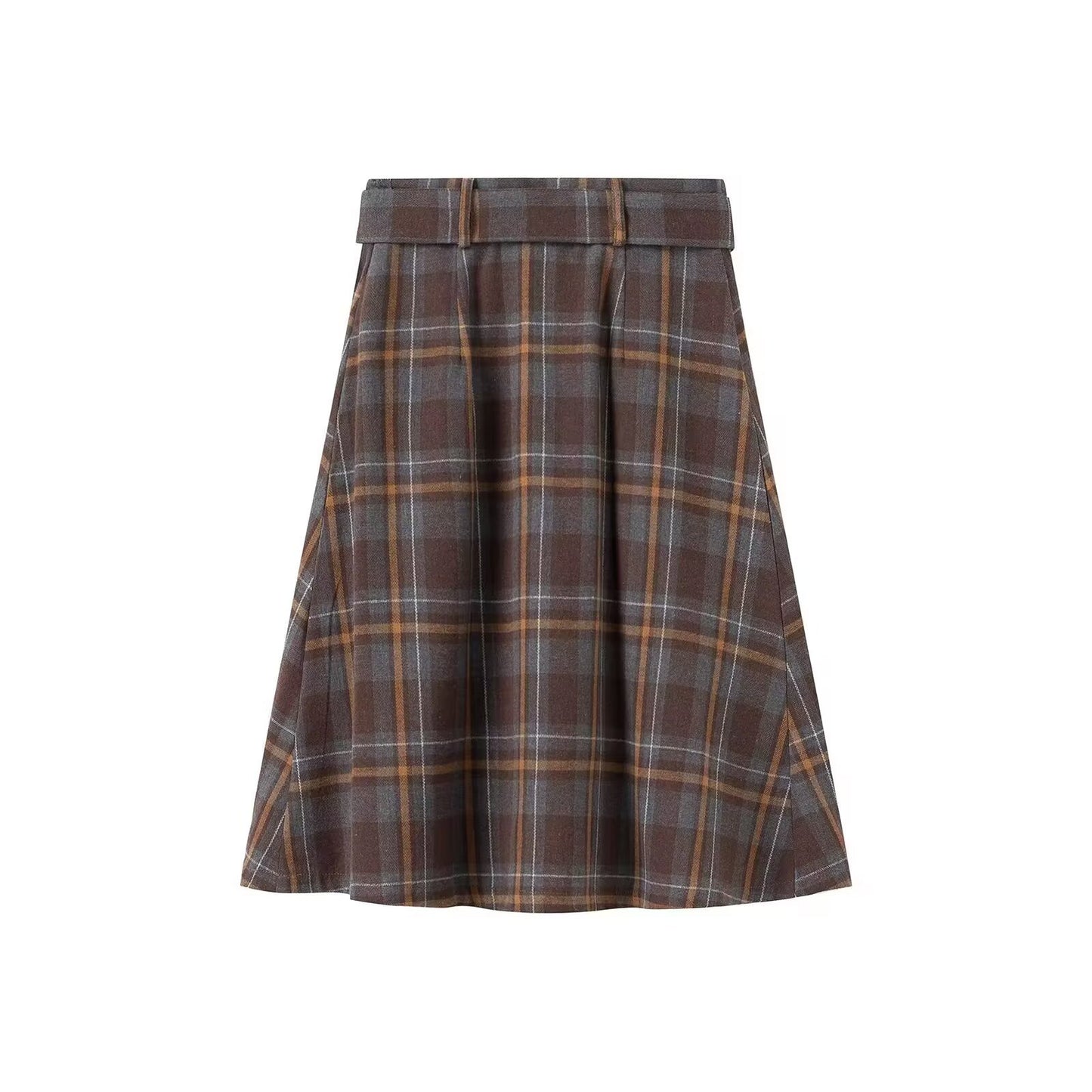 Hazel | Autumn Check Midi Skirt Brown Pleated Belted High Waisted