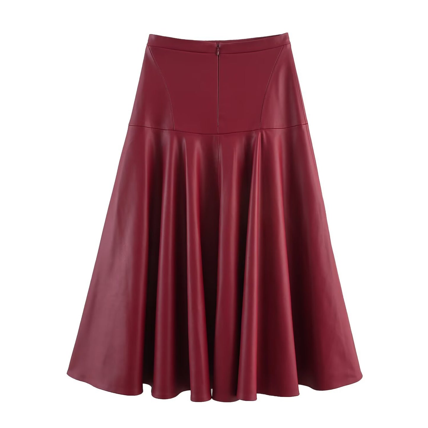 Suki | Leather Midi Skirt Red Flared A Line High Waisted