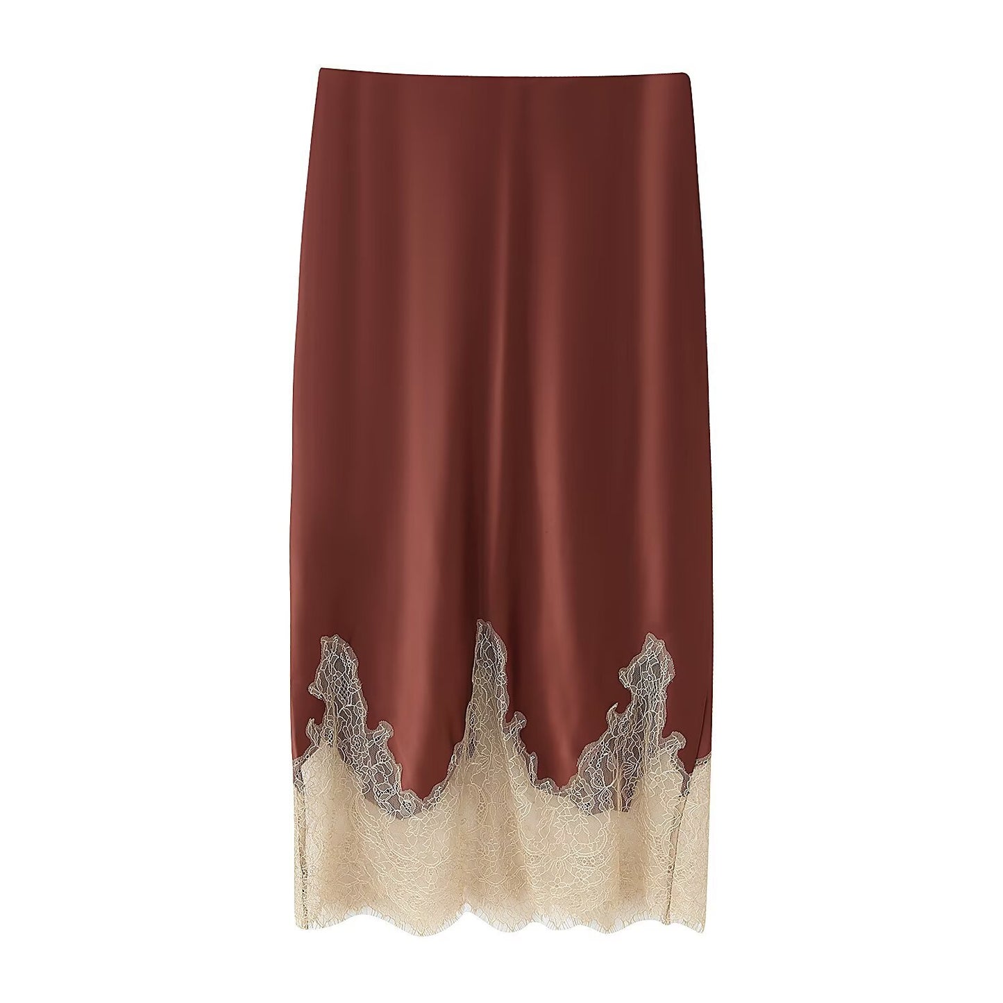 Etta | Satin Midi Skirt Brown Lace Trim