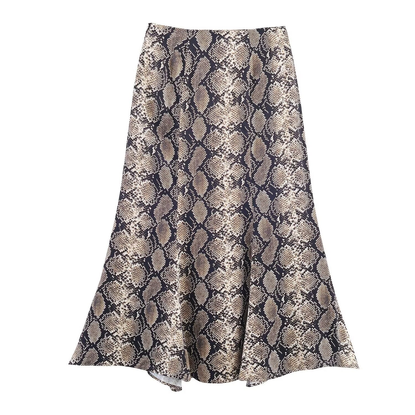 Vera | Snake Print Satin Midi Skirt Brown Bias Cut