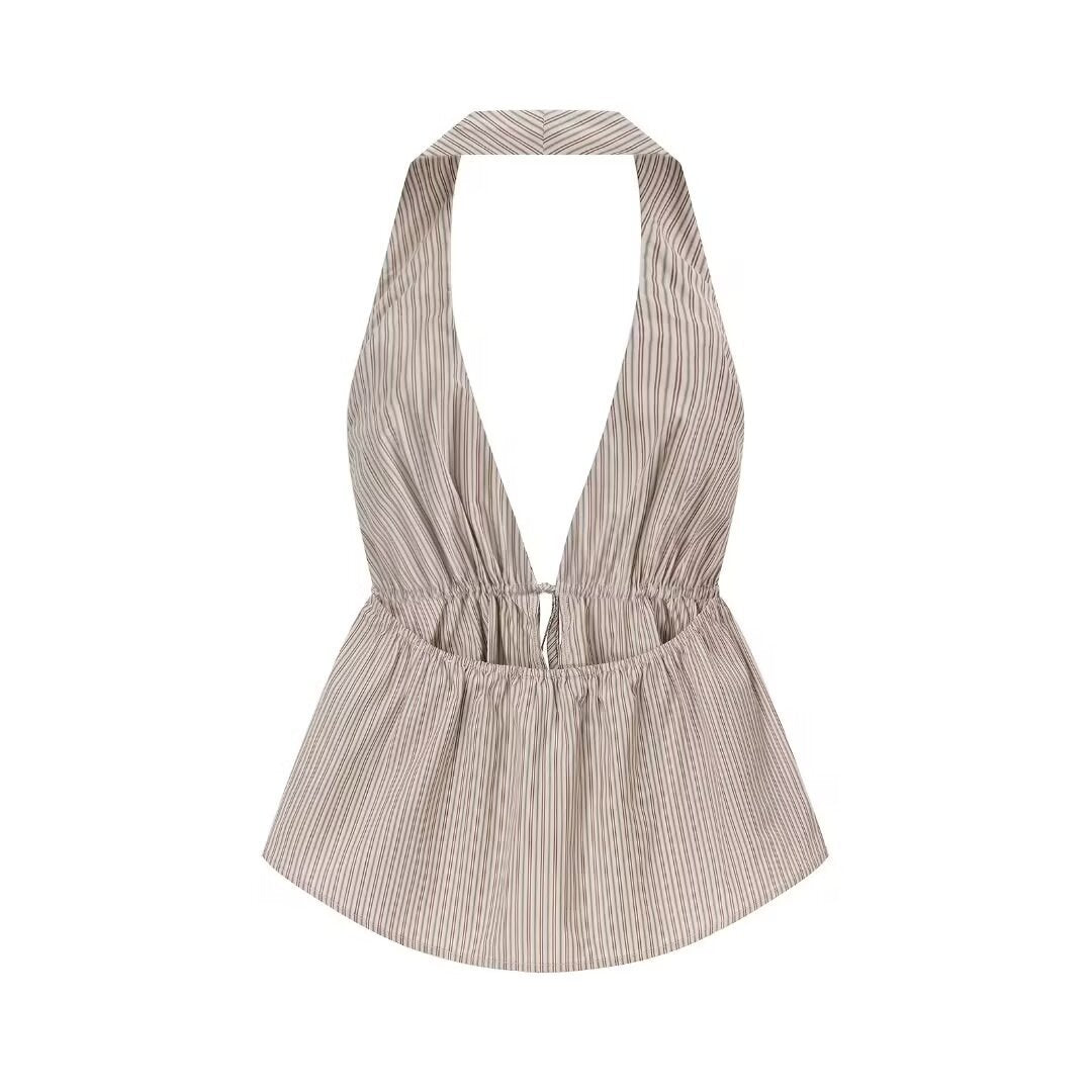 Tess | Summer Halter Neck Top Beige Striped Peplum Tie Front