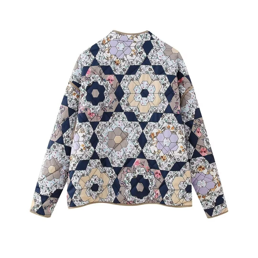 Ayla | Quilted Jacket Patchwork Navy Floral Long Lightweight