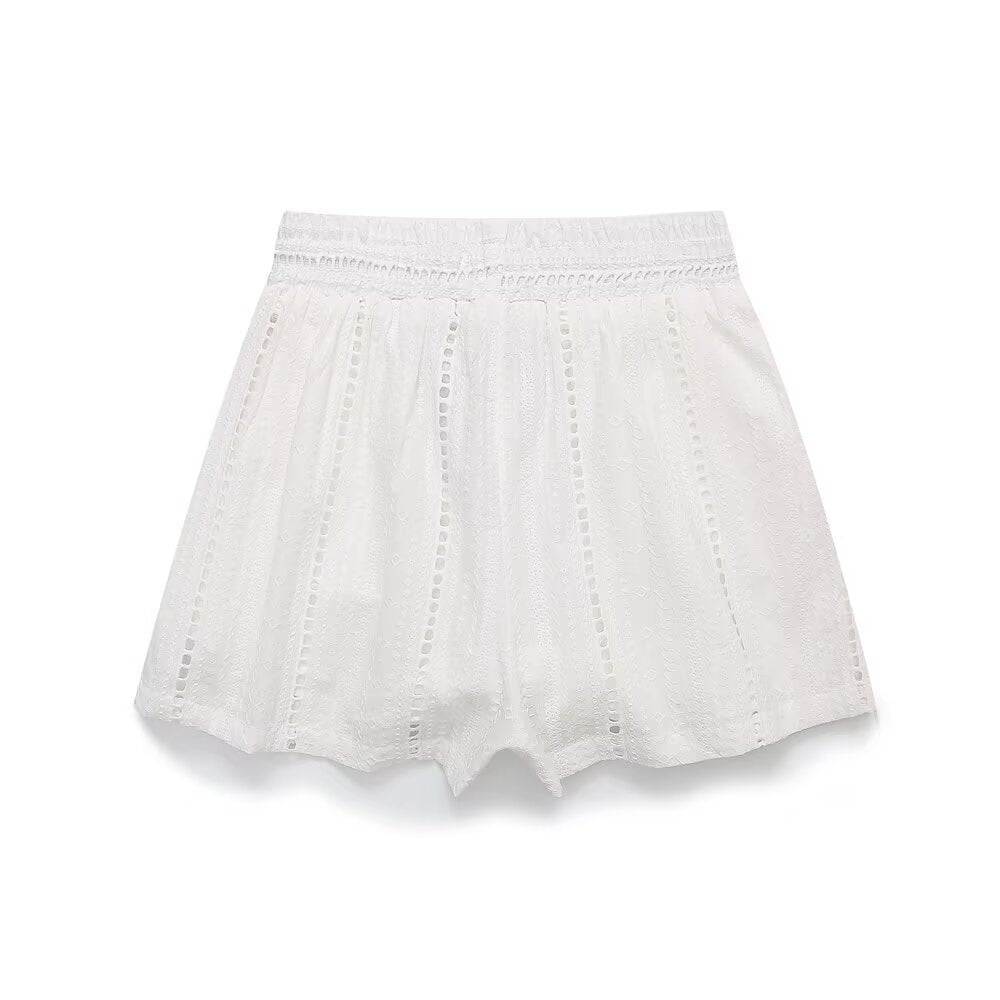Vera | White Linen Shorts High Waisted Eyelet