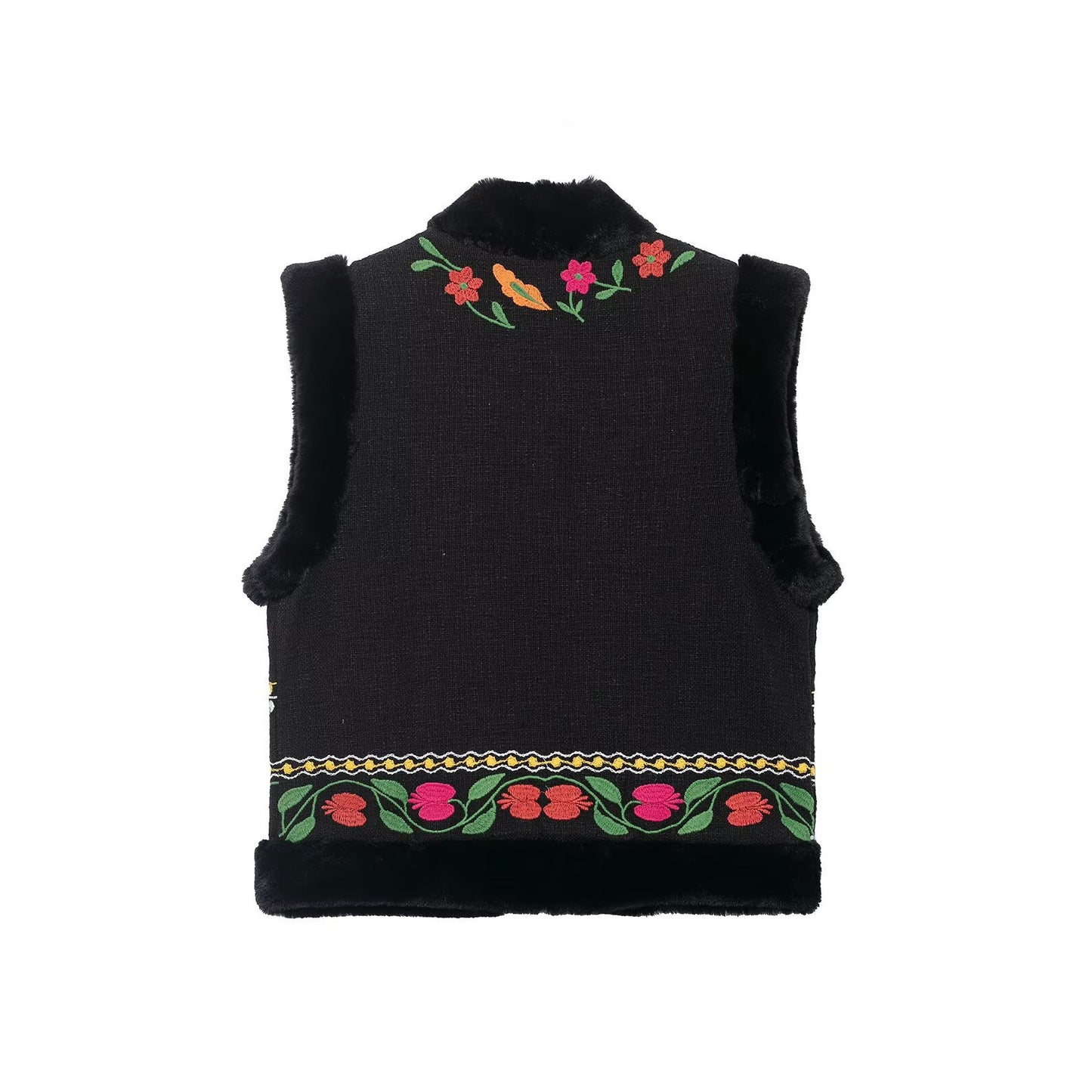 Margot | Embroidered Faux Fur Cardigan Black Floral Sleeveless