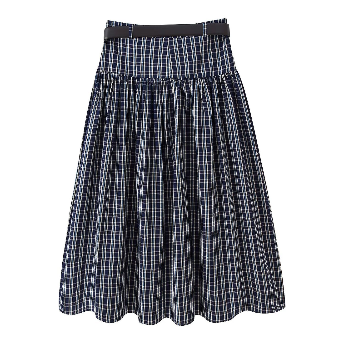 Zuri | Check Midi Skirt Navy Blue Pleated High Waisted A Line
