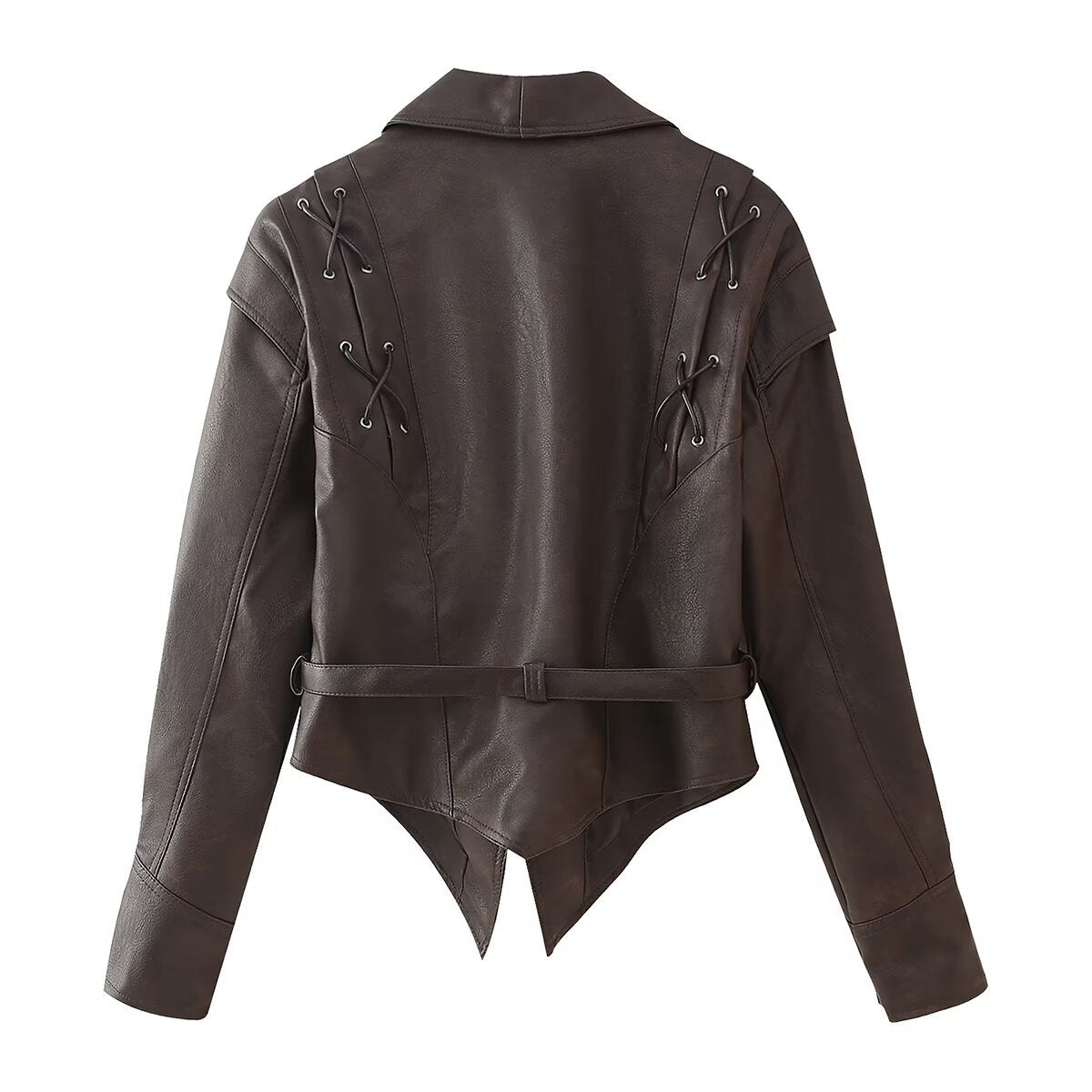 Thea | Faux Leather Jacket Brown Belted Shawl Collar