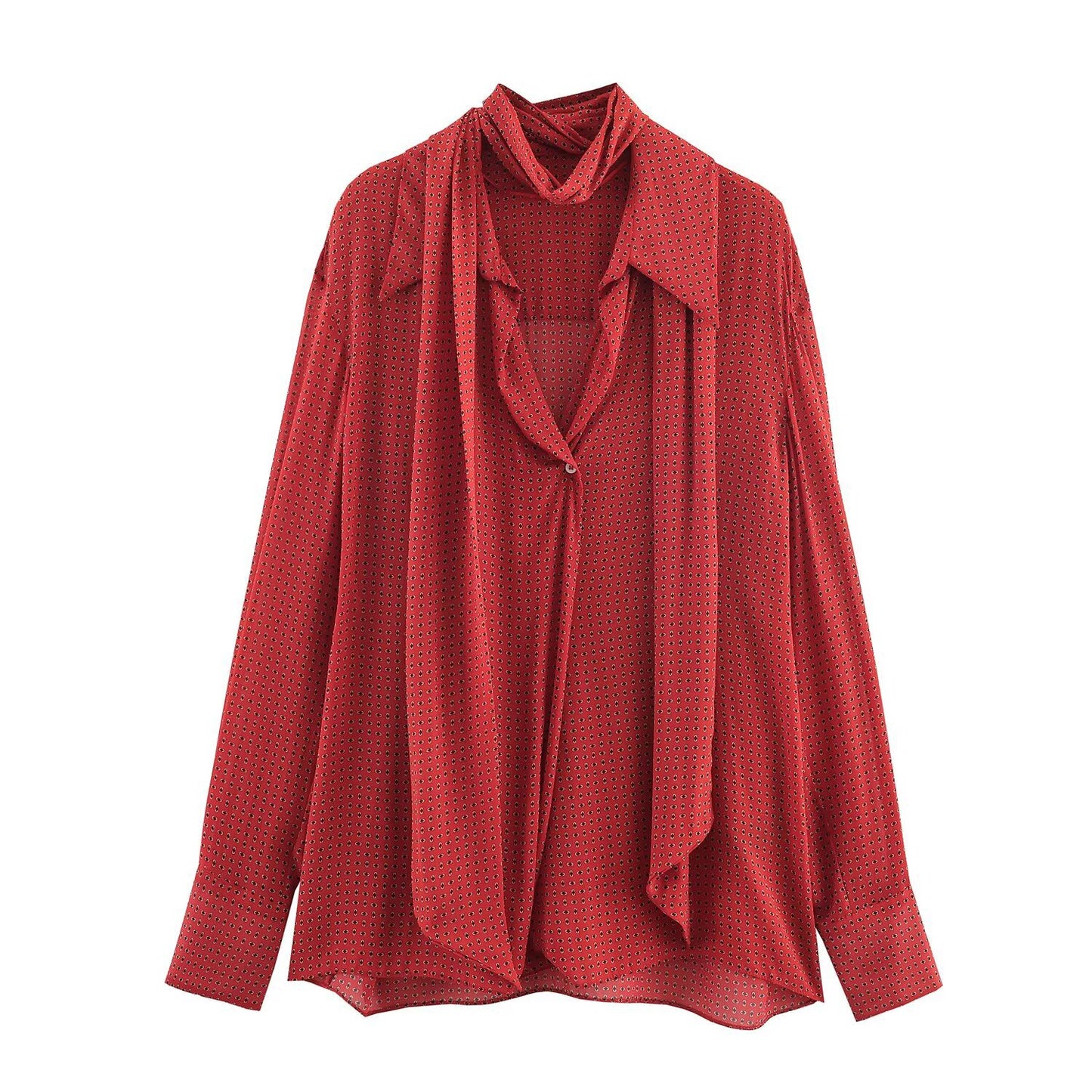 Camille | Tie Neck Button Down Blouse Red Long Sleeve