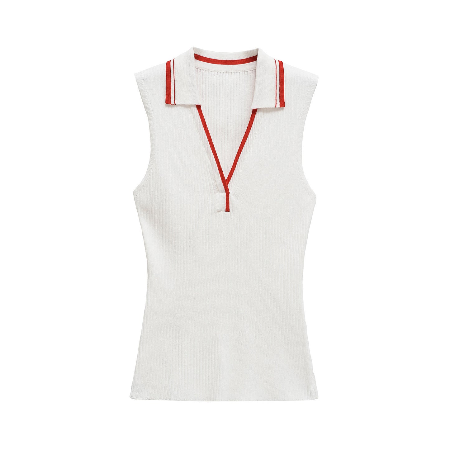 Rosa | Casual Knitted Top Cream Sleeveless Collared Ribbed Fitted