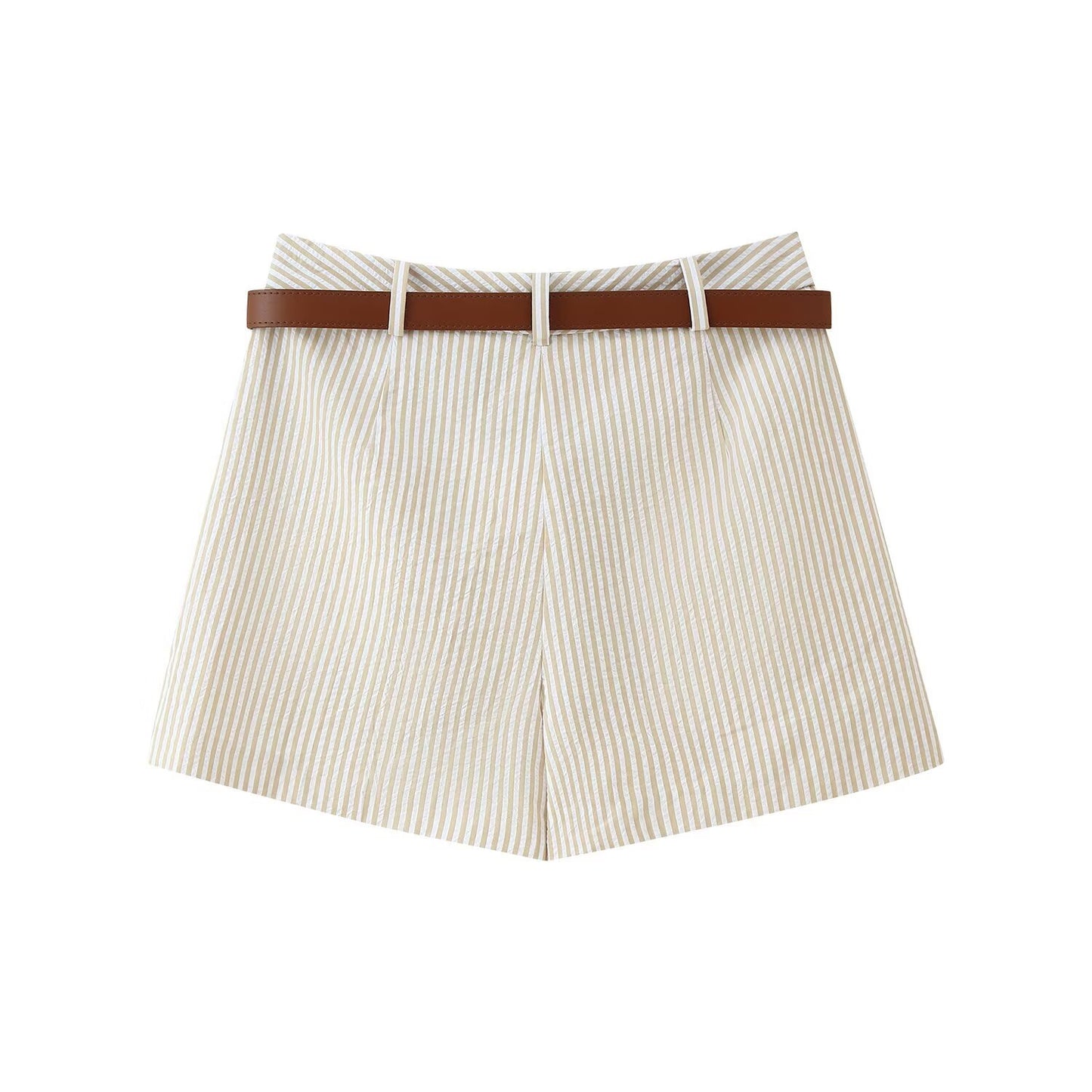 Thea | High Waisted Linen Shorts Cream Striped Tailored