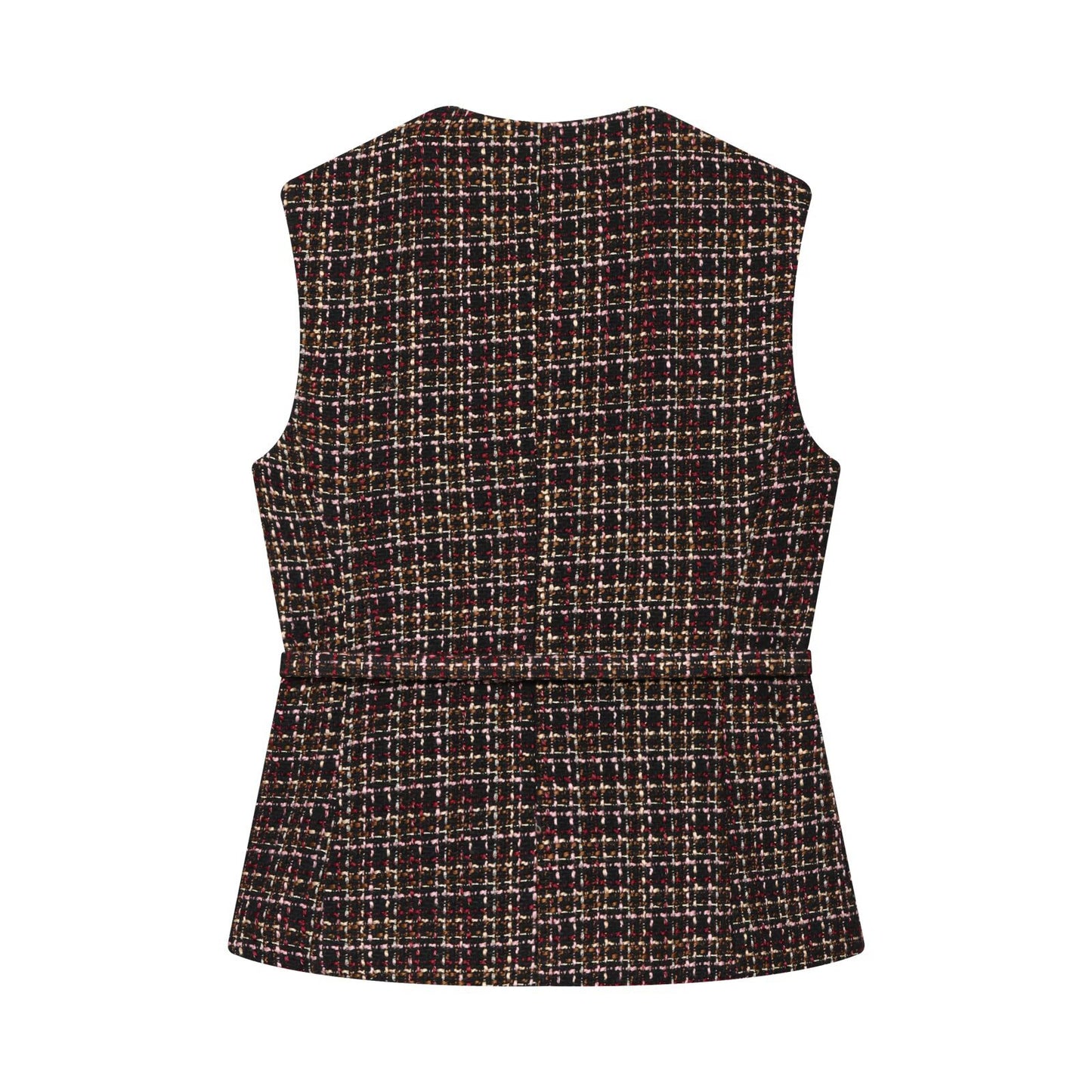 Sia | Elegant Sleeveless Tweed Blazer Brown Belted Button Front