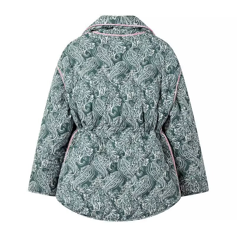 Rhea | Quilted Puffer Jacket Green Paisley Print Oversized Drawstring