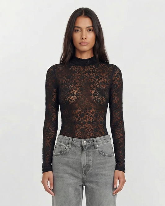 Vera | Elegant Lace Long Sleeve Top Black Sheer