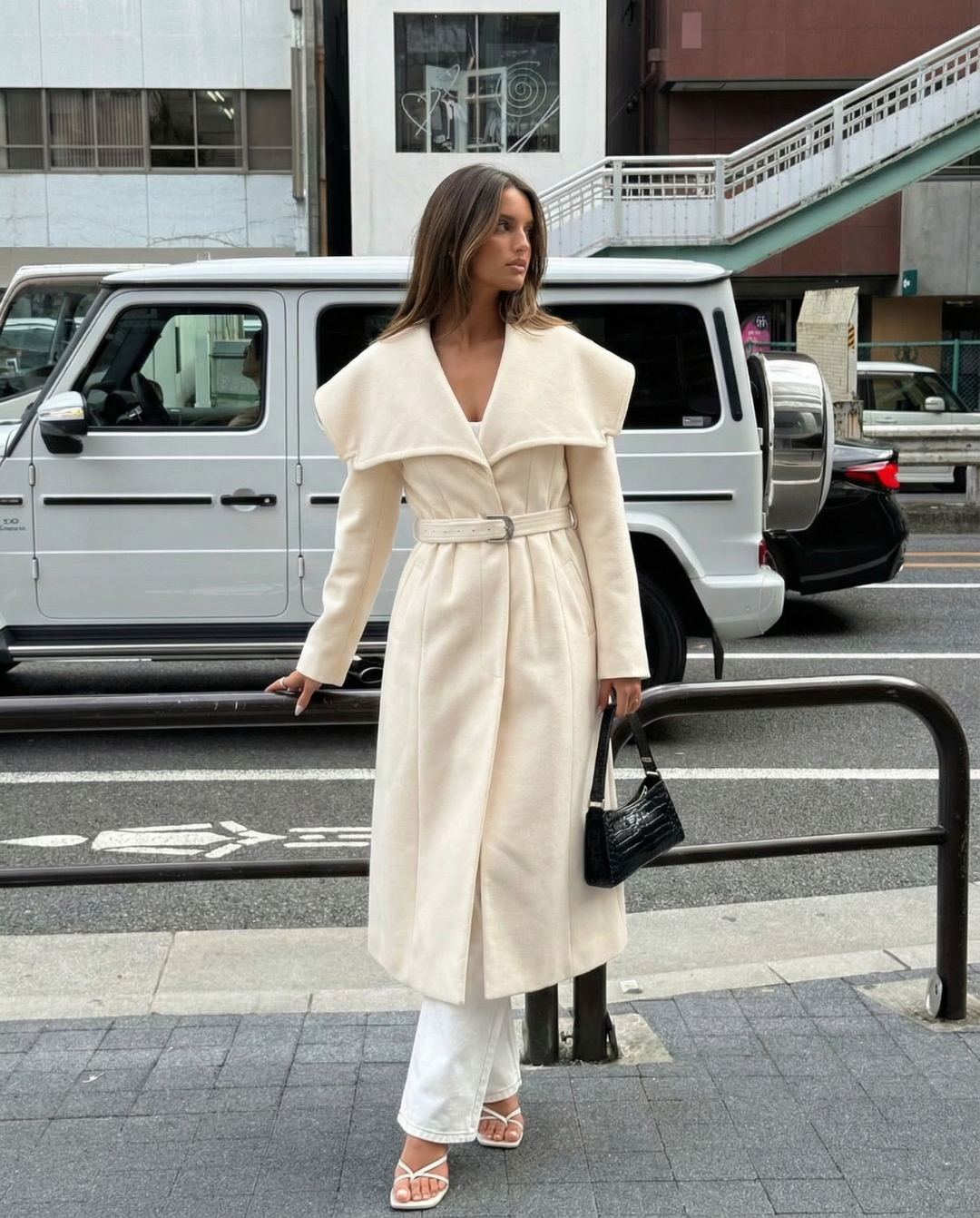 Ivy | Elegant Belted Coat Cream Longline Oversized Collar