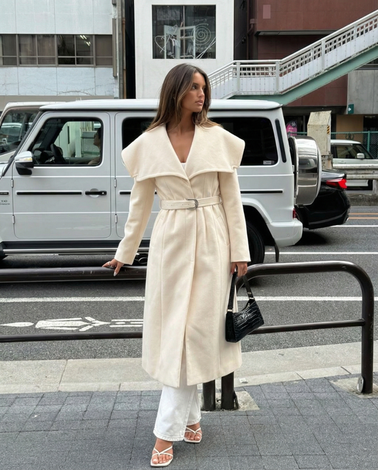 Ivy | Elegant Belted Coat Cream Longline Oversized Collar