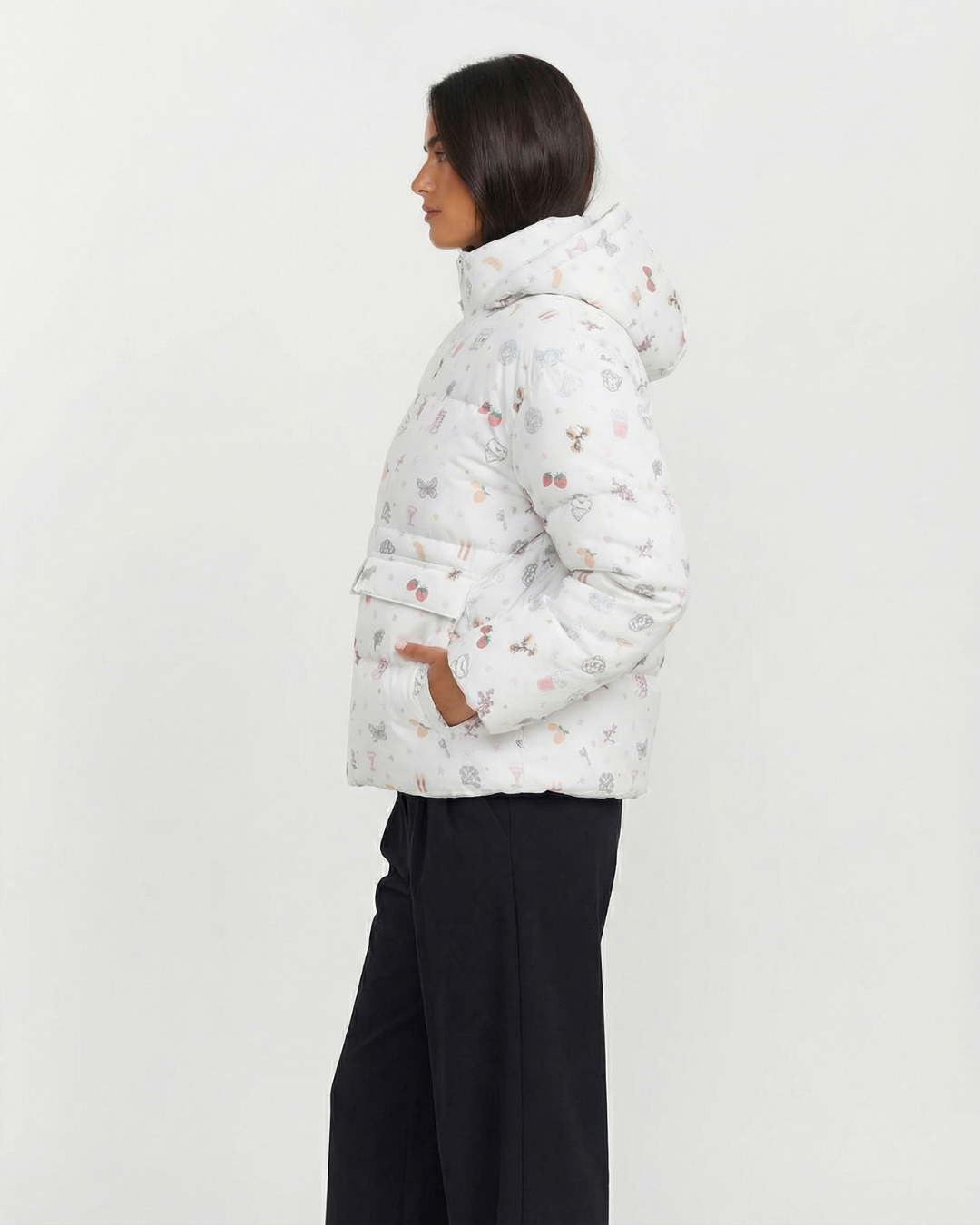 Nell | Winter Puffer Jacket White Printed Hooded Padded