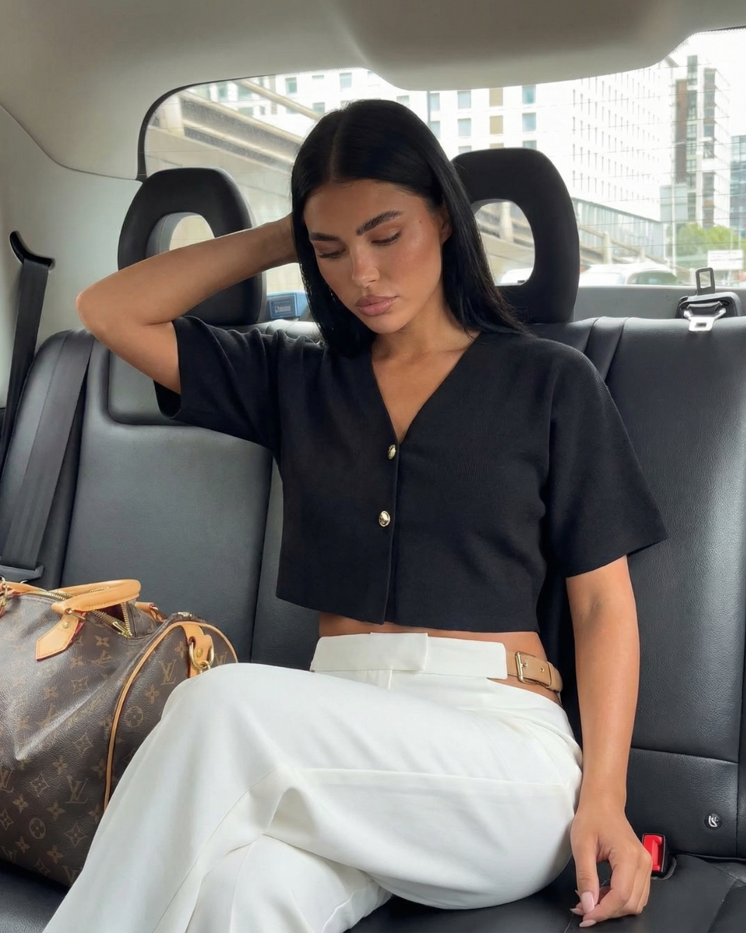 Margot | Cropped Button Up Blouse Black Short Sleeve V Neck